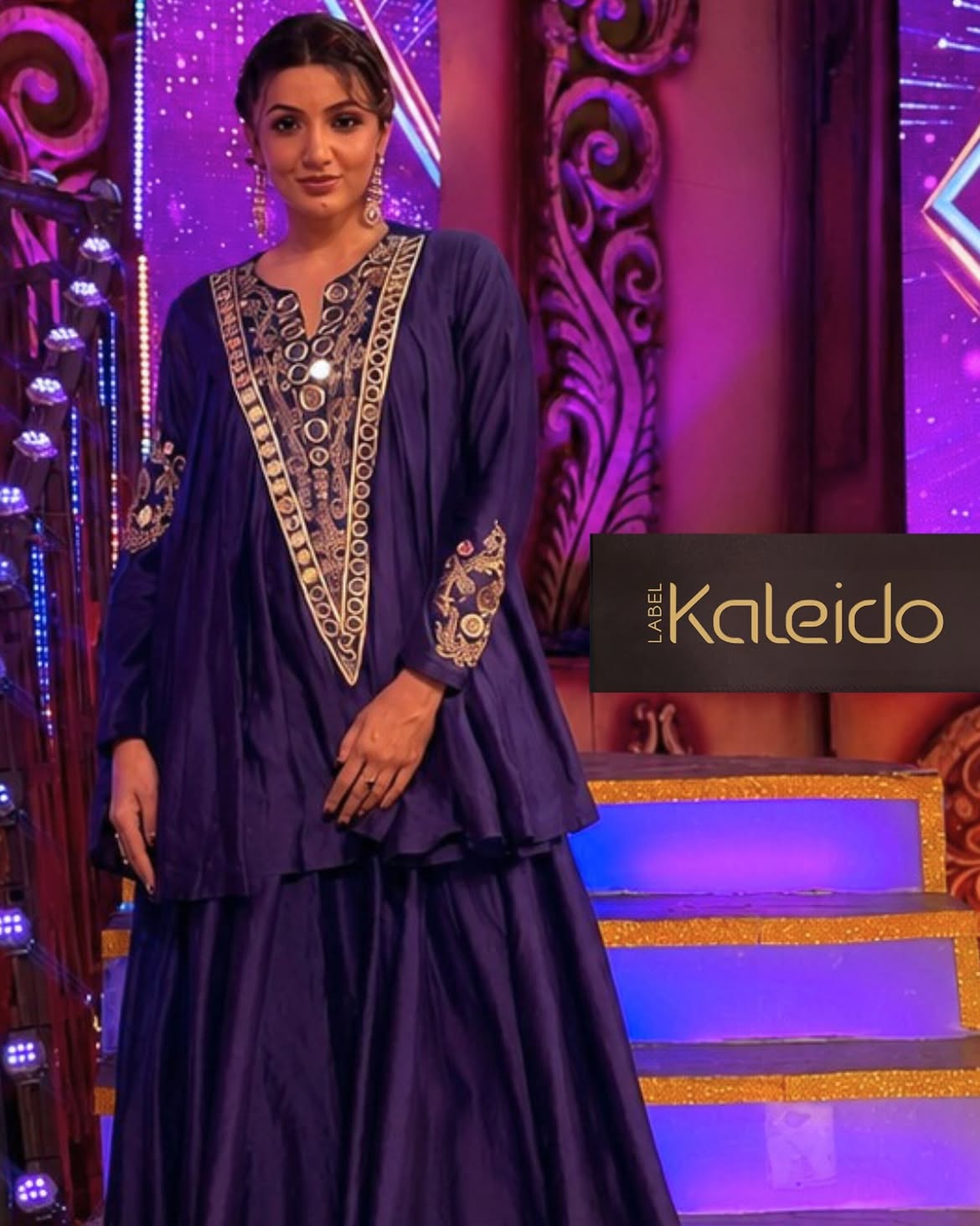 Pure Chanderi silk full-sleeve kalidaar tunic with midi lehenga, intricately hand-embellished with zari and mirror work. Shop Now!