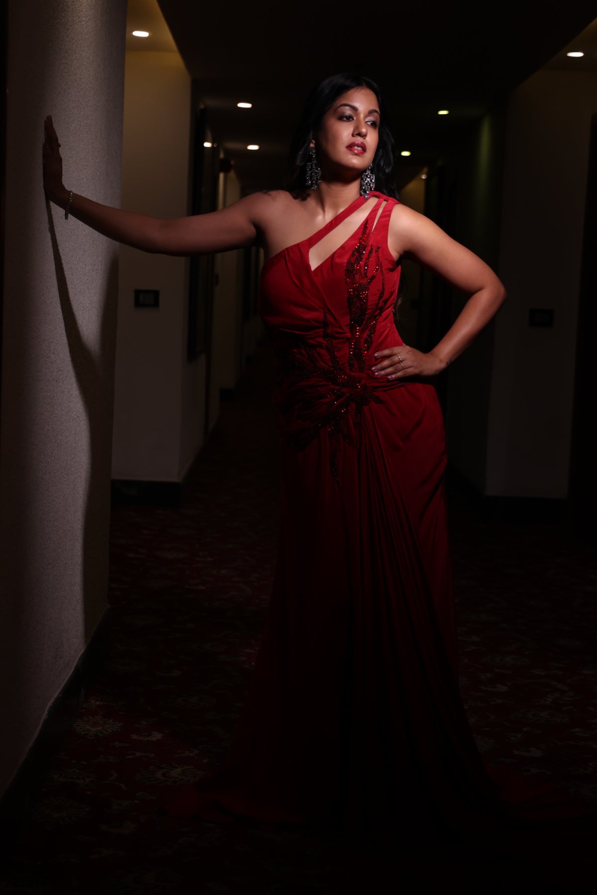 Ruby red one-shoulder draped cocktail gown abstract work. Shop Now!