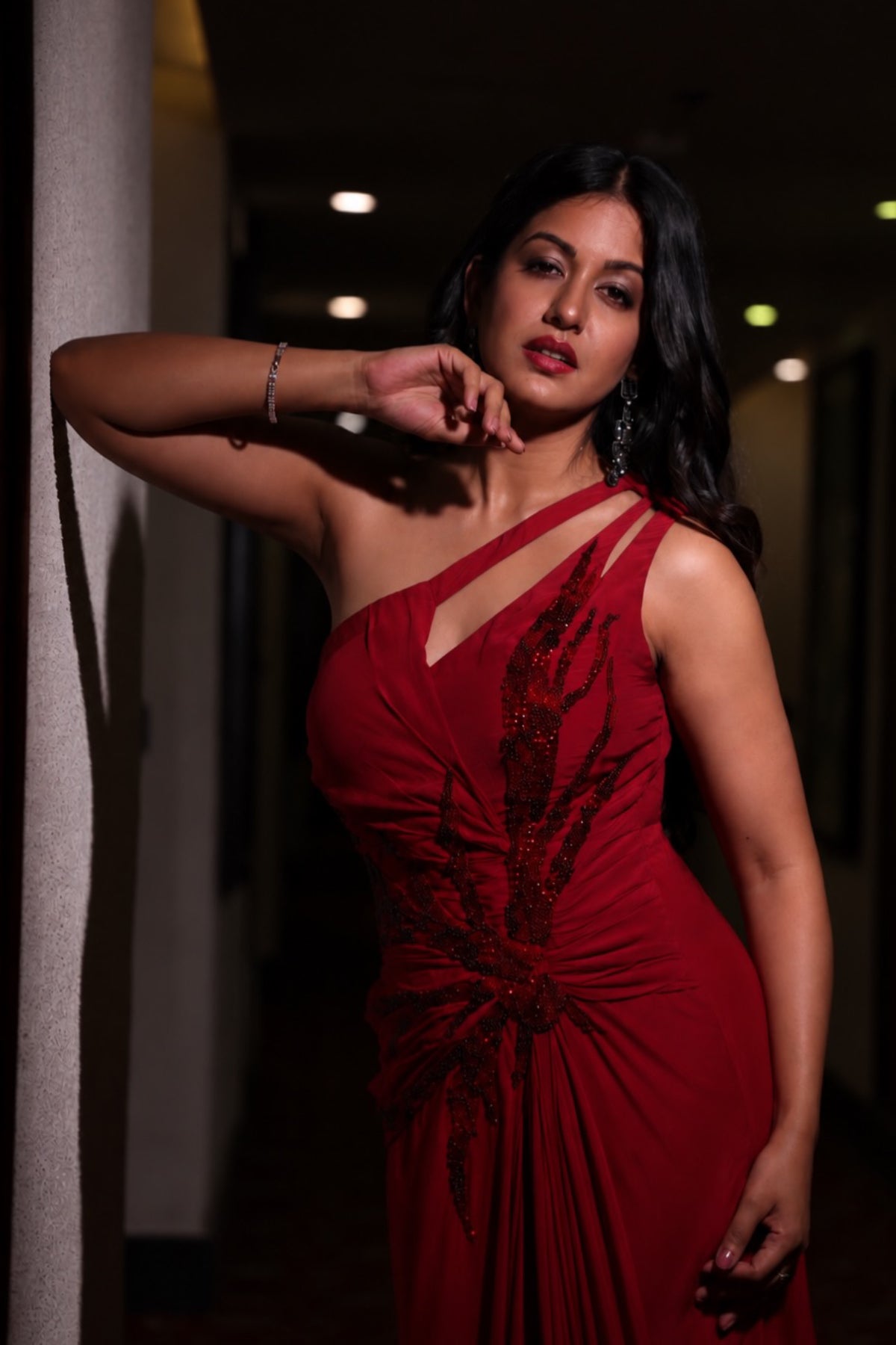 Ruby red one-shoulder draped cocktail gown abstract work. Shop Now!