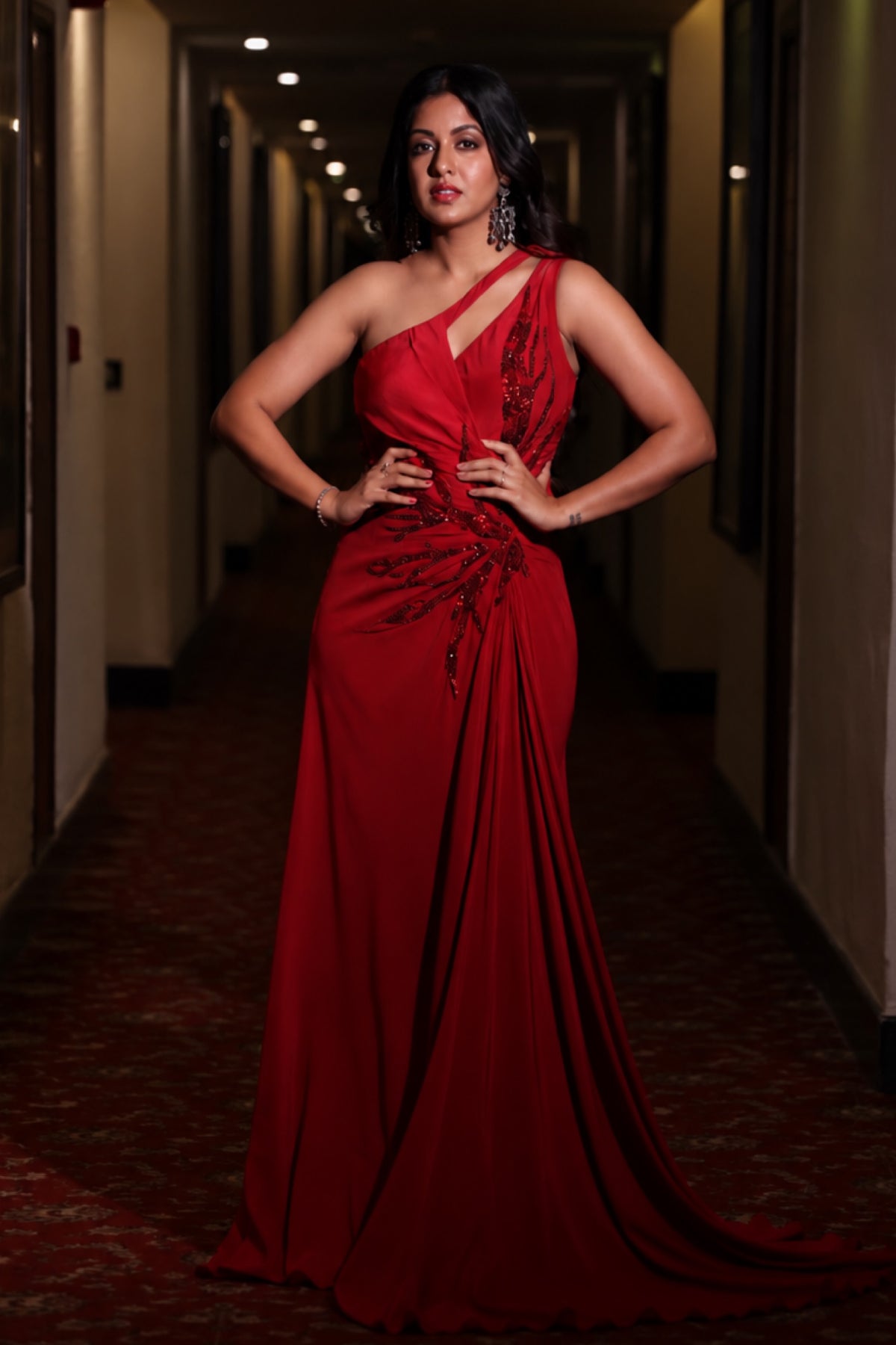 Ruby red one-shoulder draped cocktail gown abstract work. Shop Now!