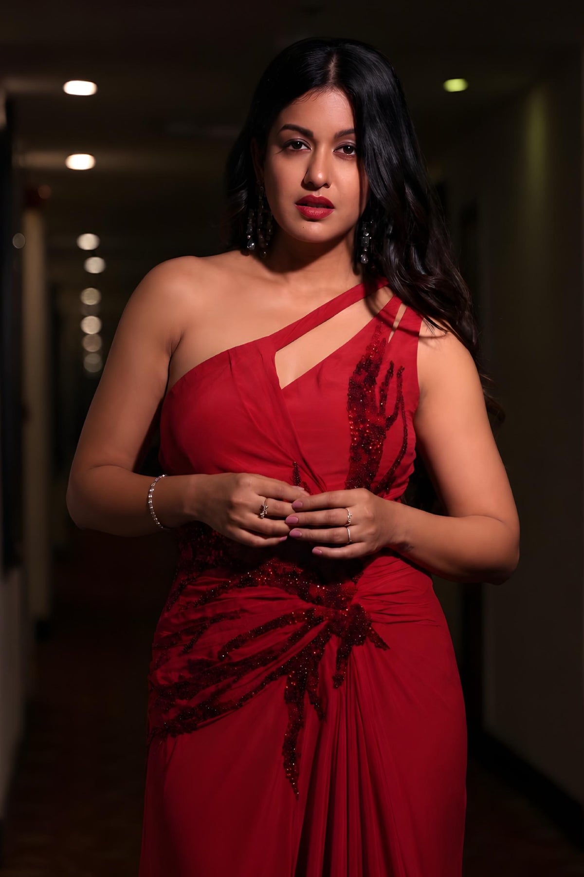 Ruby red one-shoulder draped cocktail gown abstract work. Shop Now!