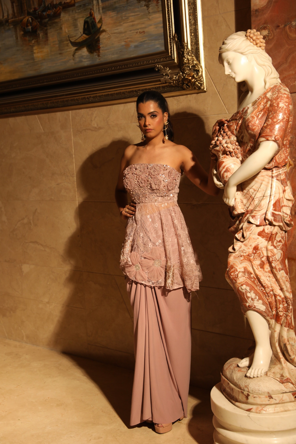 The  indo western corset and drape saree skirt blends traditional indian drapery with a modern structured Shop Now!