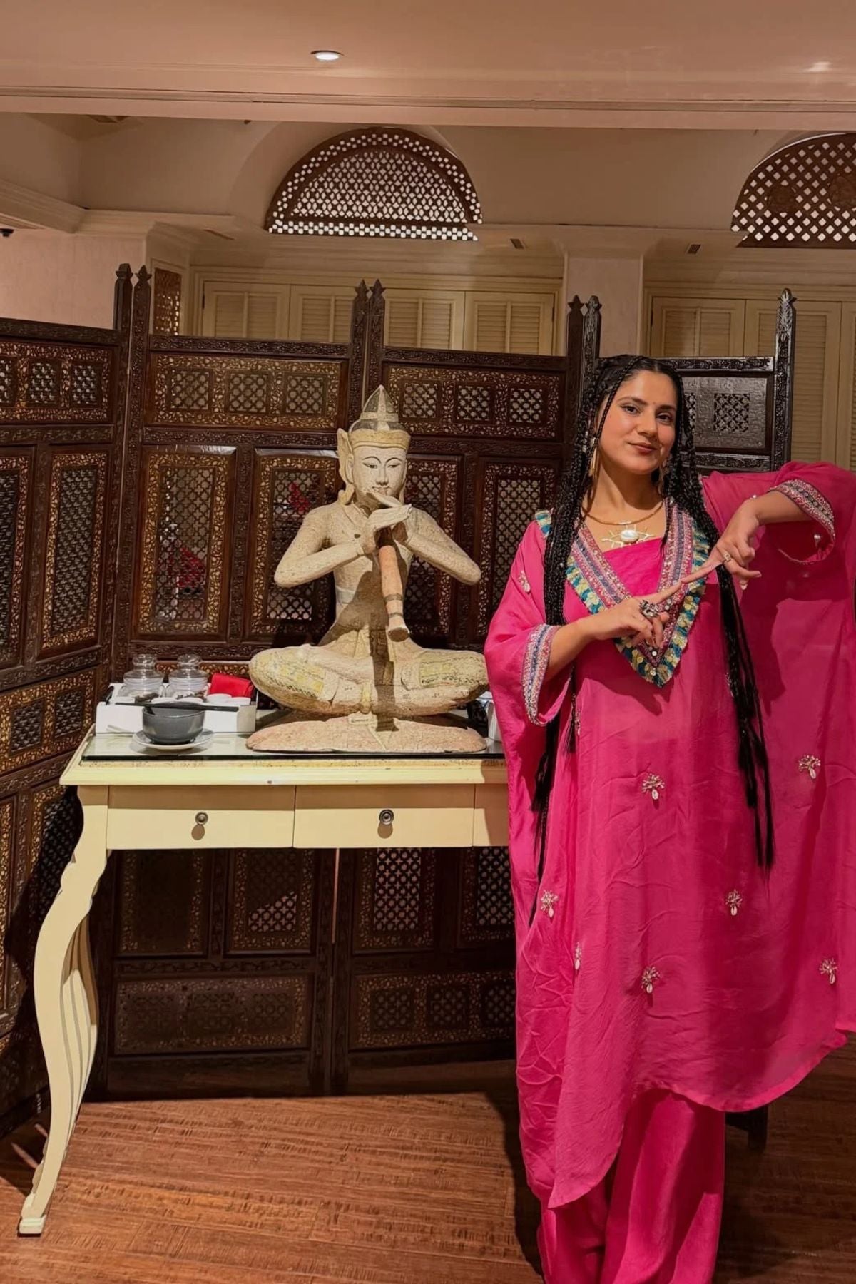 AGSY in Pink Festive Oversized Kaftan-Crop Top, Trouser Set. Shop Now!