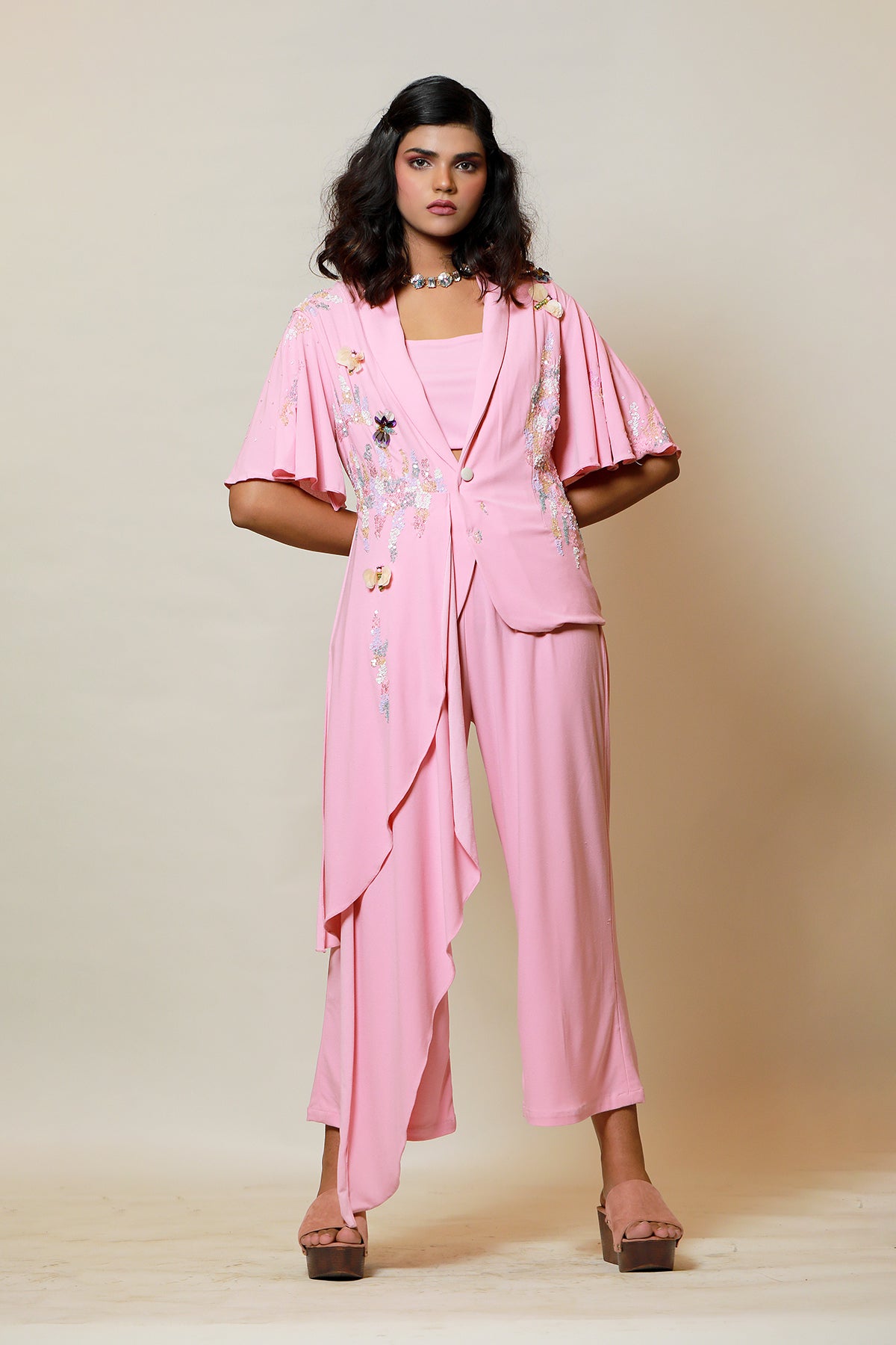 Blush Asymmetric sequin jacket-culotte set