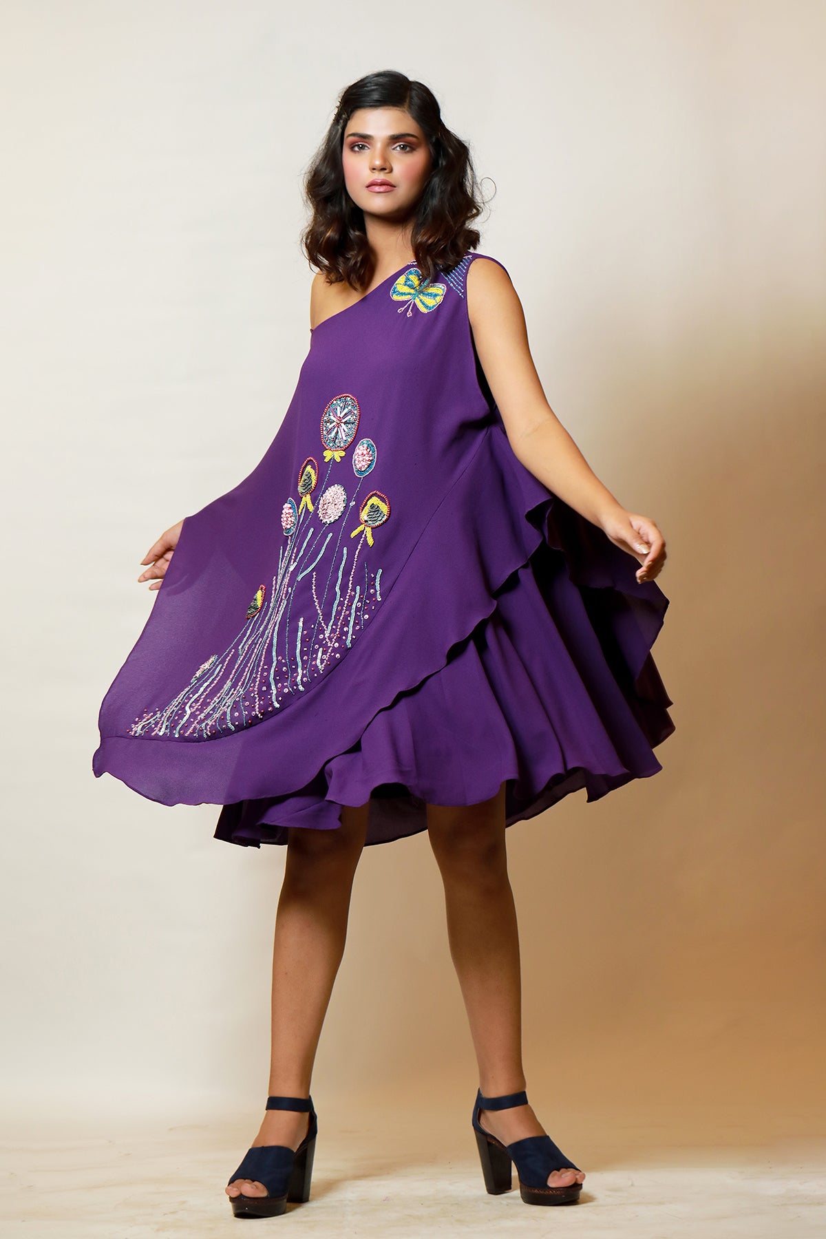 Off shoulder purple Ruffle midi kaftan