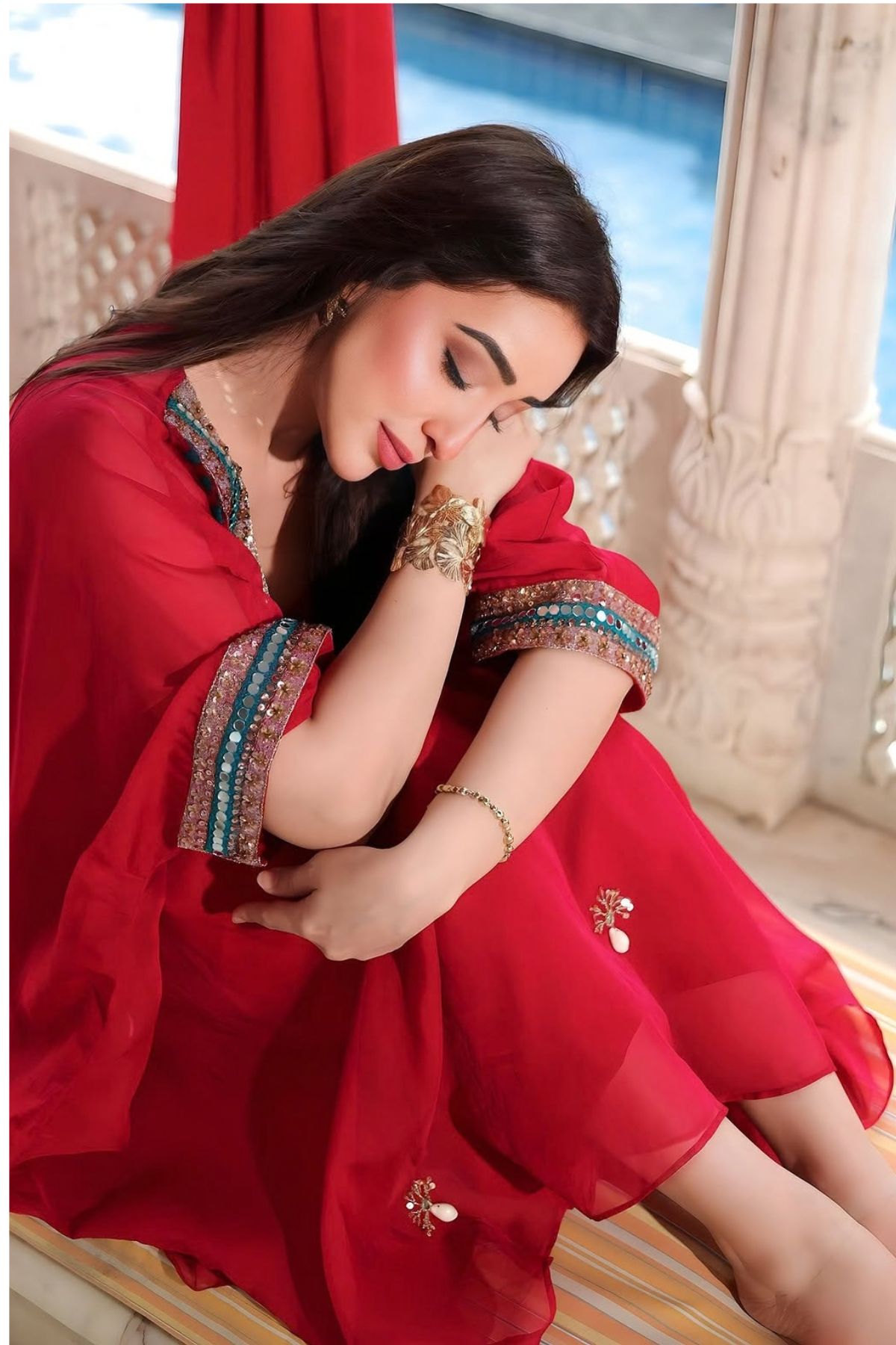 Afsha Khan In Red Festive Oversized Kaftan-Crop Top, Trouser Set
