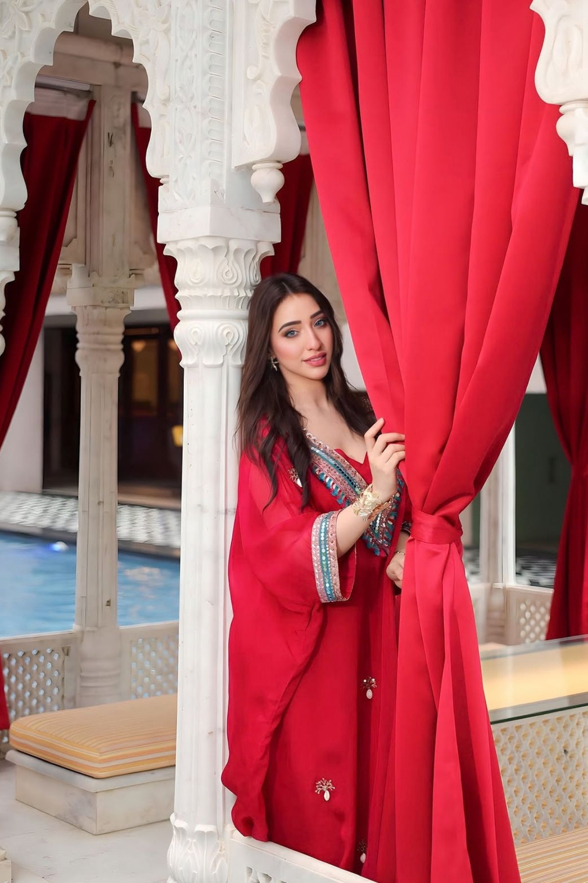 Afsha Khan In Red Festive Oversized Kaftan-Crop Top, Trouser Set