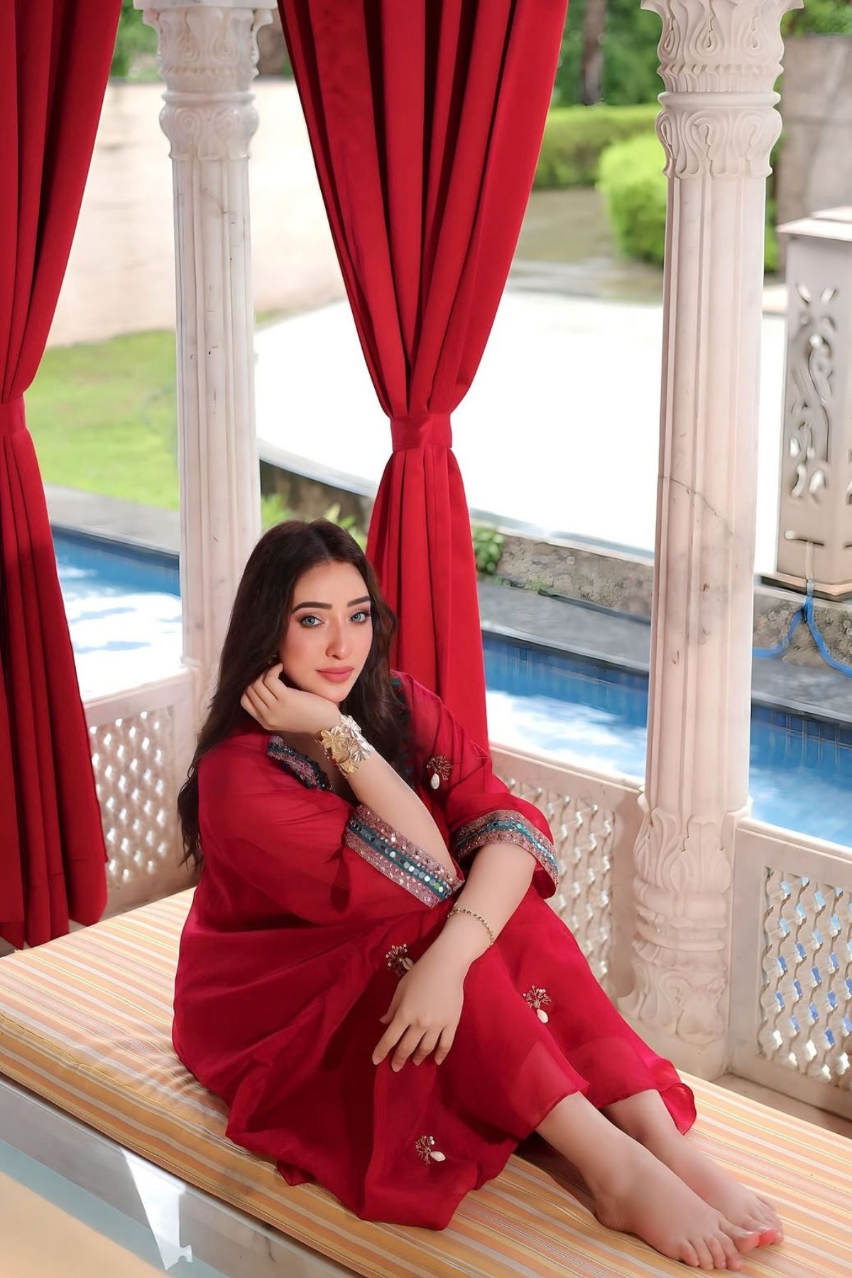 Afsha Khan In Red Festive Oversized Kaftan-Crop Top, Trouser Set
