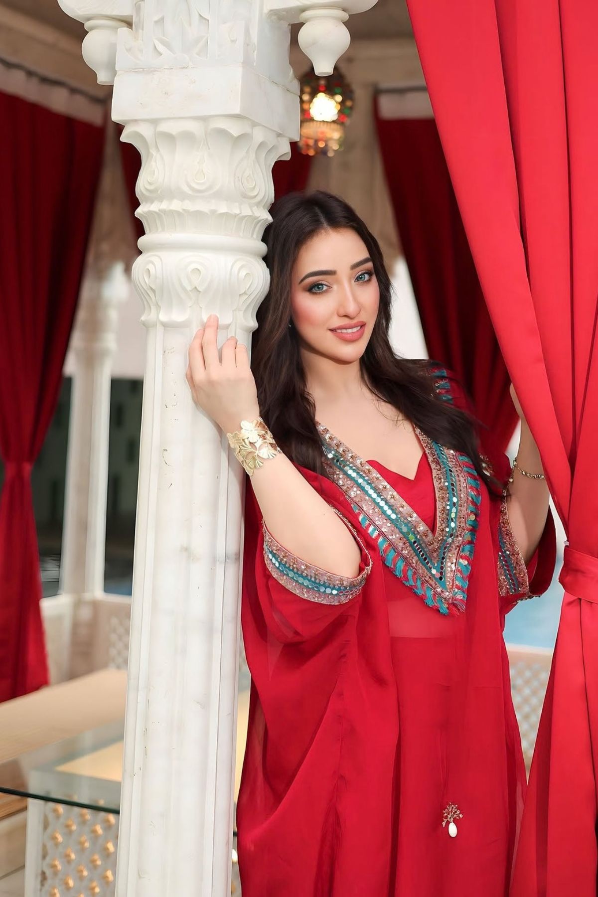 Afsha Khan In Red Festive Oversized Kaftan-Crop Top, Trouser Set