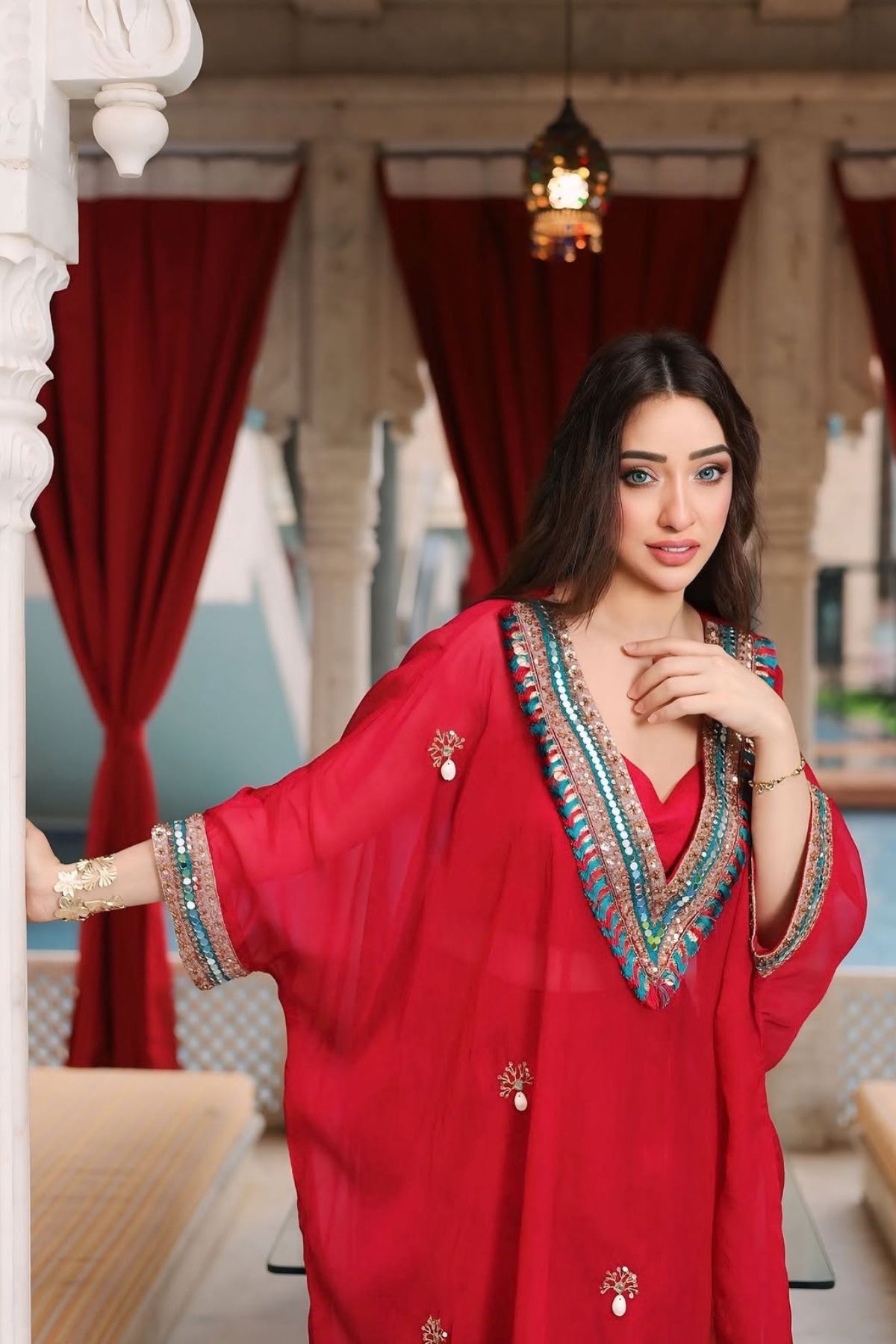 Afsha Khan In Red Festive Oversized Kaftan-Crop Top, Trouser Set