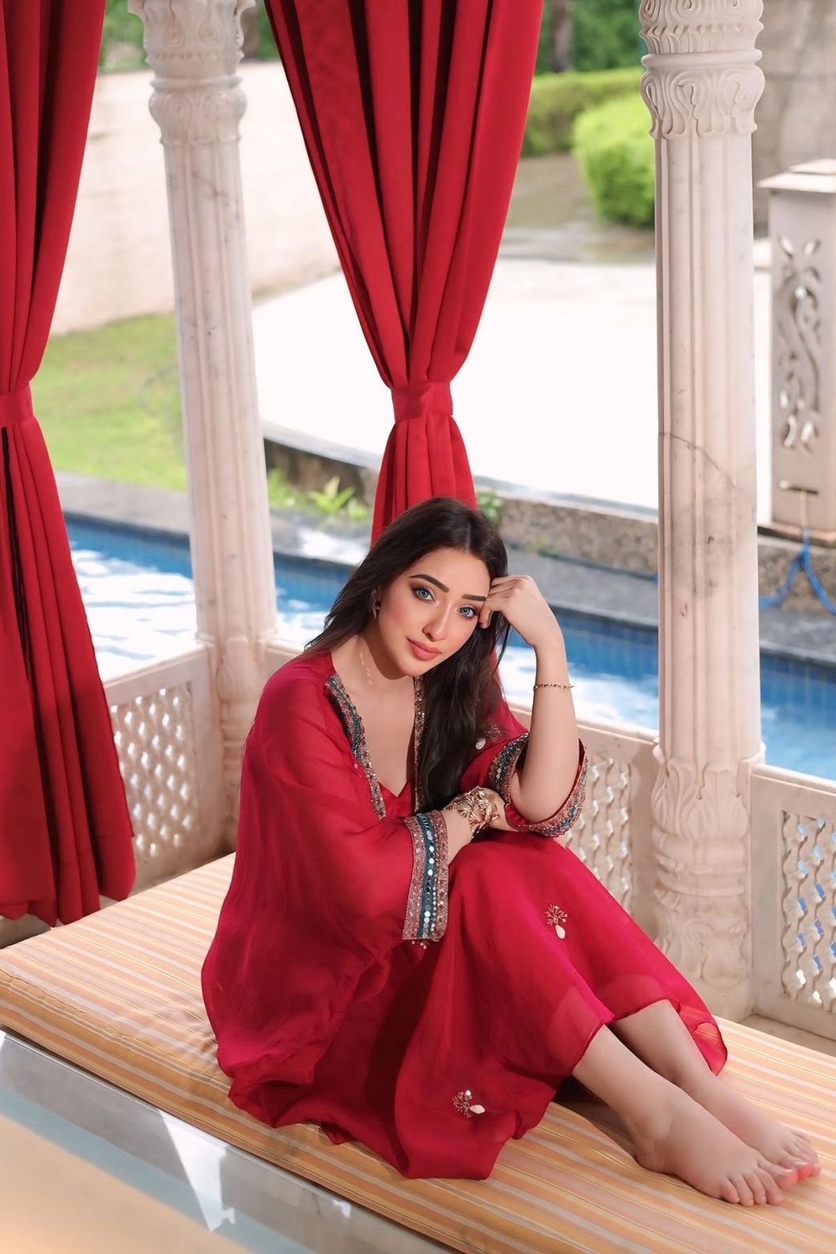 Afsha Khan In Red Festive Oversized Kaftan-Crop Top, Trouser Set