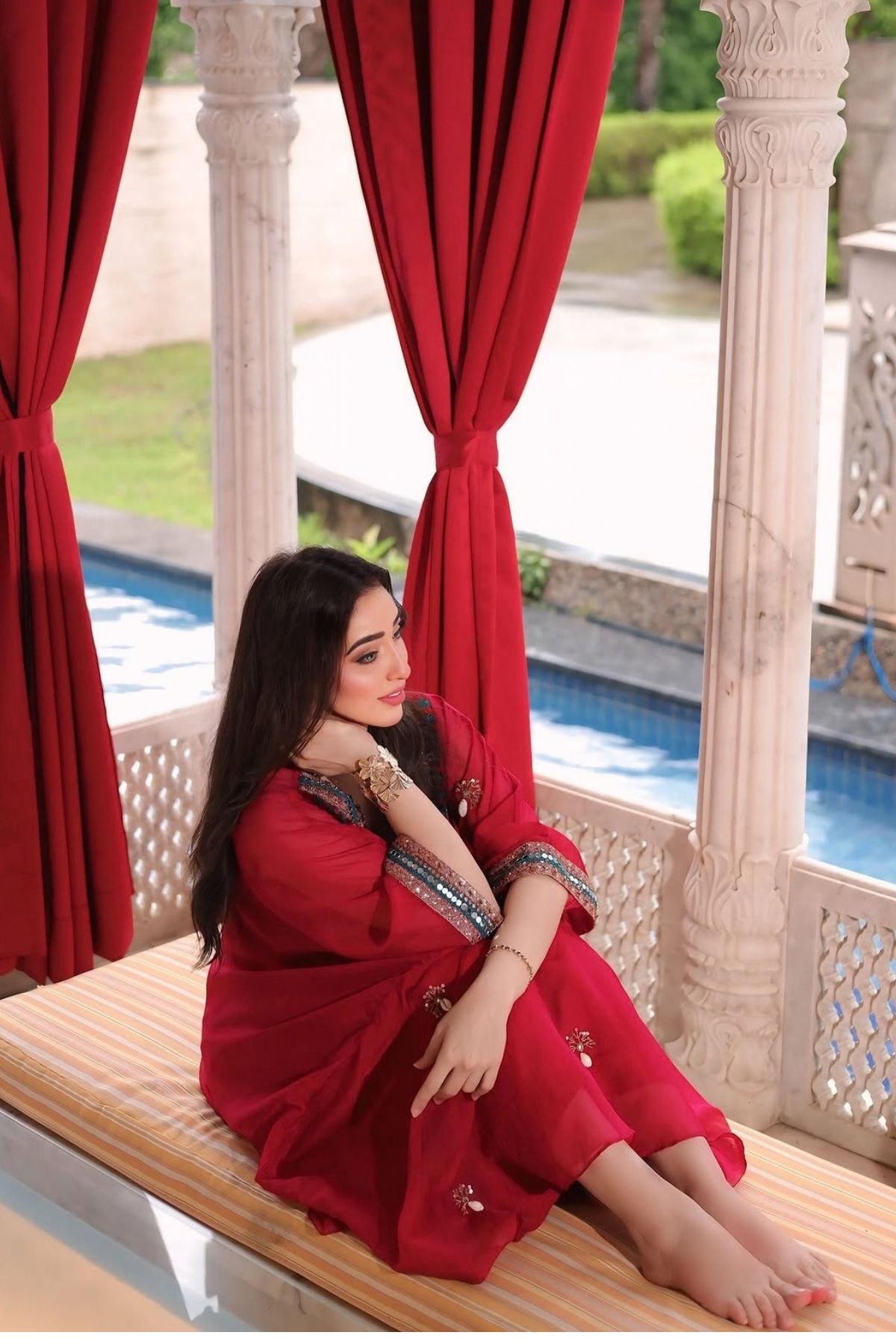 Afsha Khan In Red Festive Oversized Kaftan-Crop Top, Trouser Set