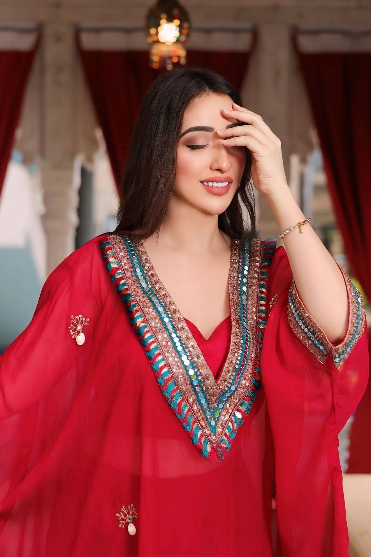 Afsha Khan In Red Festive Oversized Kaftan-Crop Top, Trouser Set
