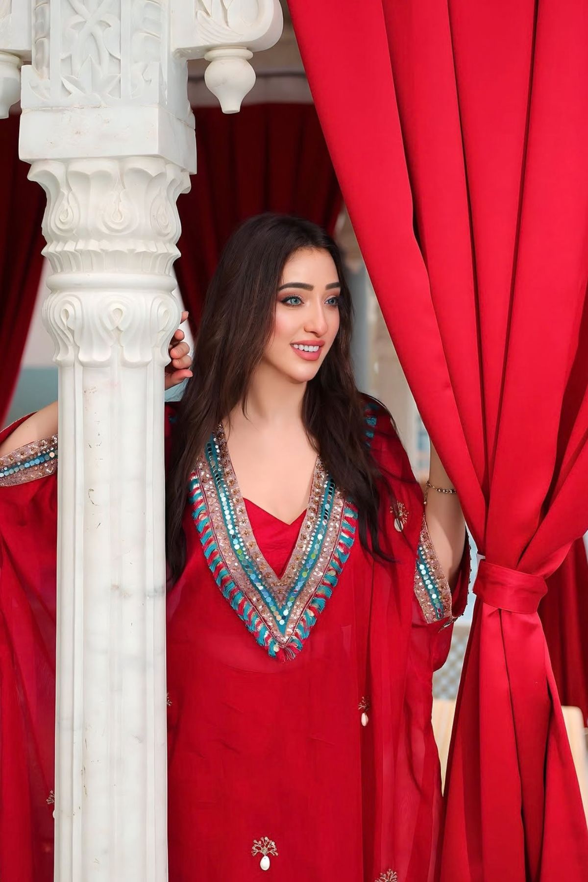 Afsha Khan In Red Festive Oversized Kaftan-Crop Top, Trouser Set