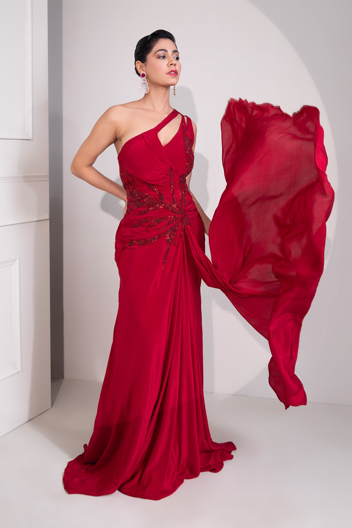 Ruby red one-shoulder draped cocktail gown abstract work. Shop Now!