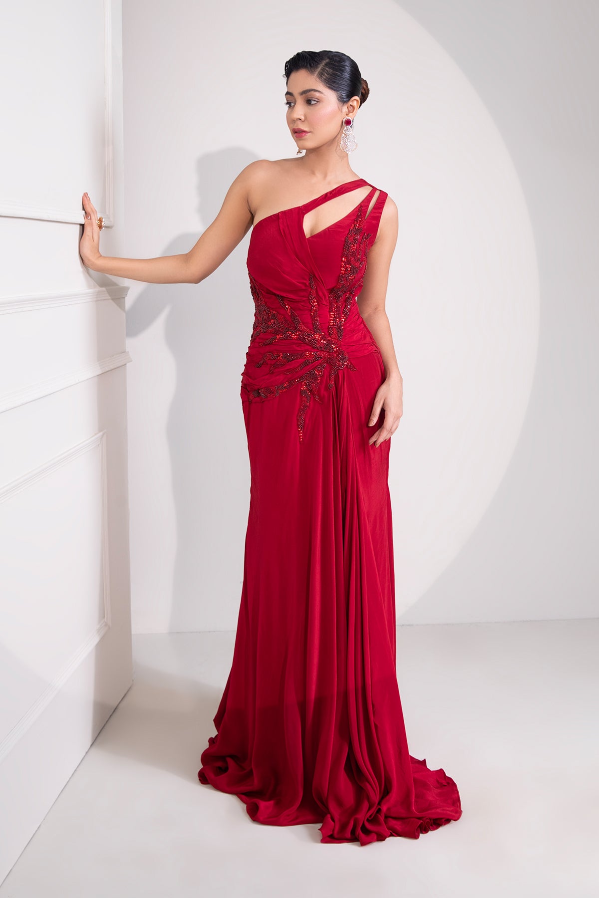 Ruby red one-shoulder draped cocktail gown abstract work. Shop Now!
