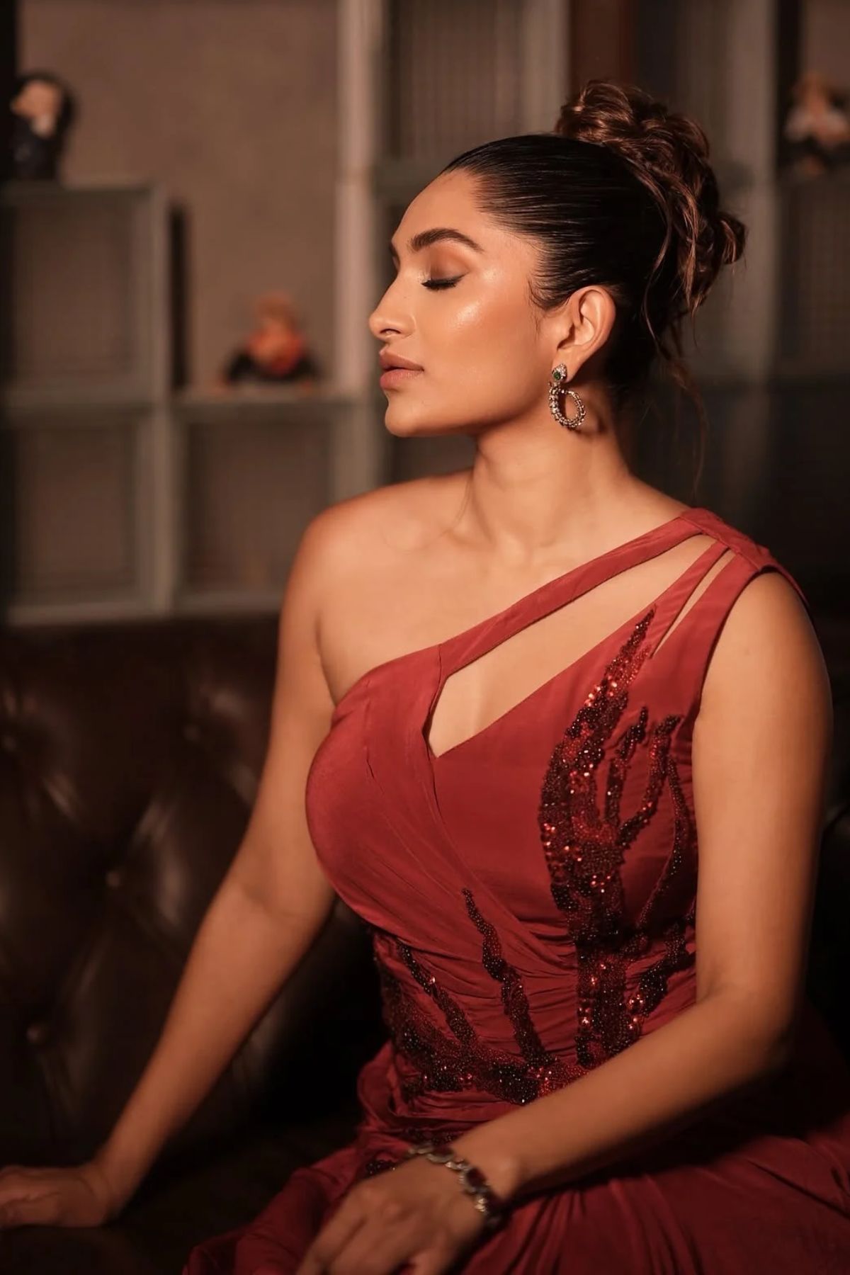 Ruby red one-shoulder draped cocktail gown abstract work. Shop Now!