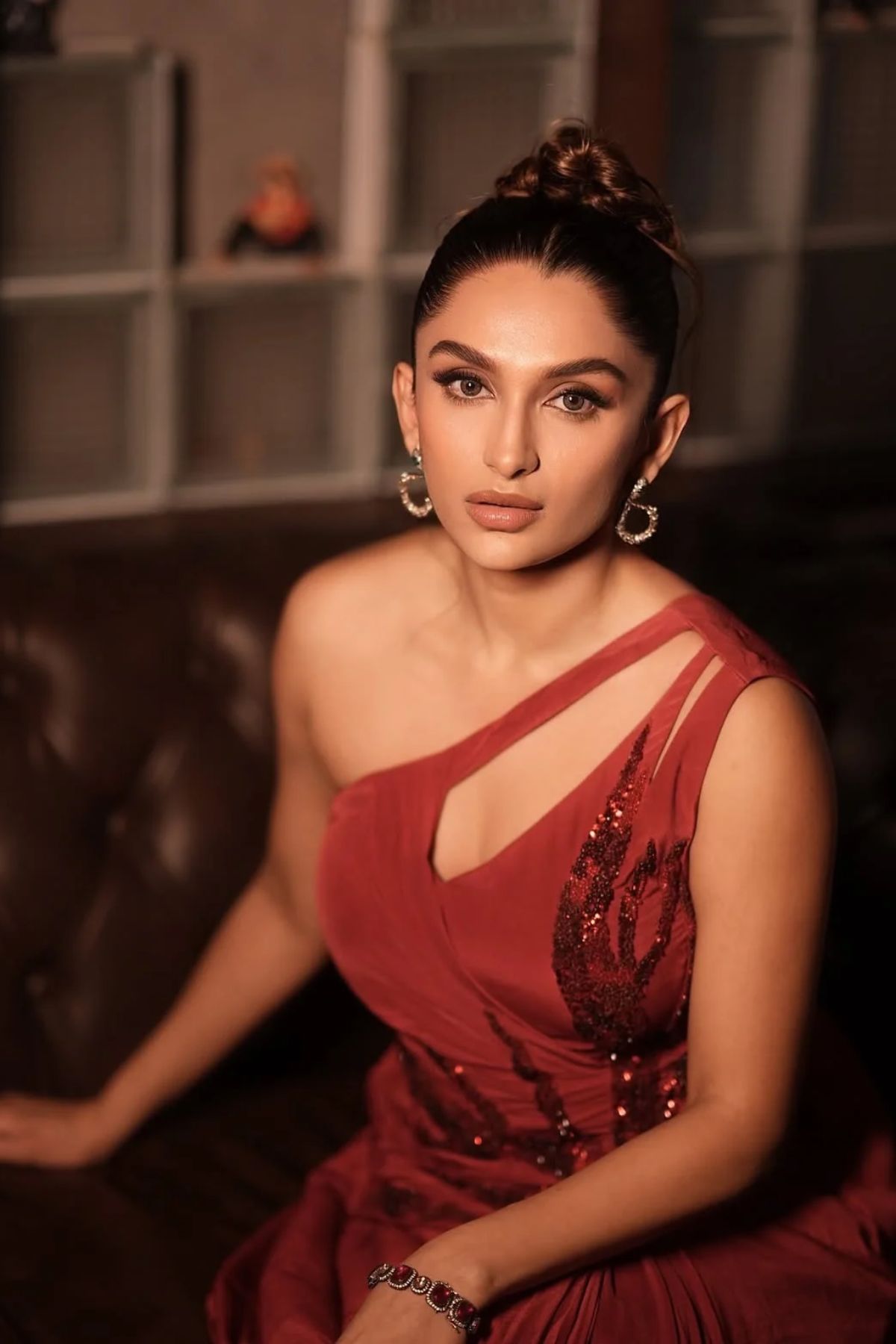 Ruby red one-shoulder draped cocktail gown abstract work. Shop Now!
