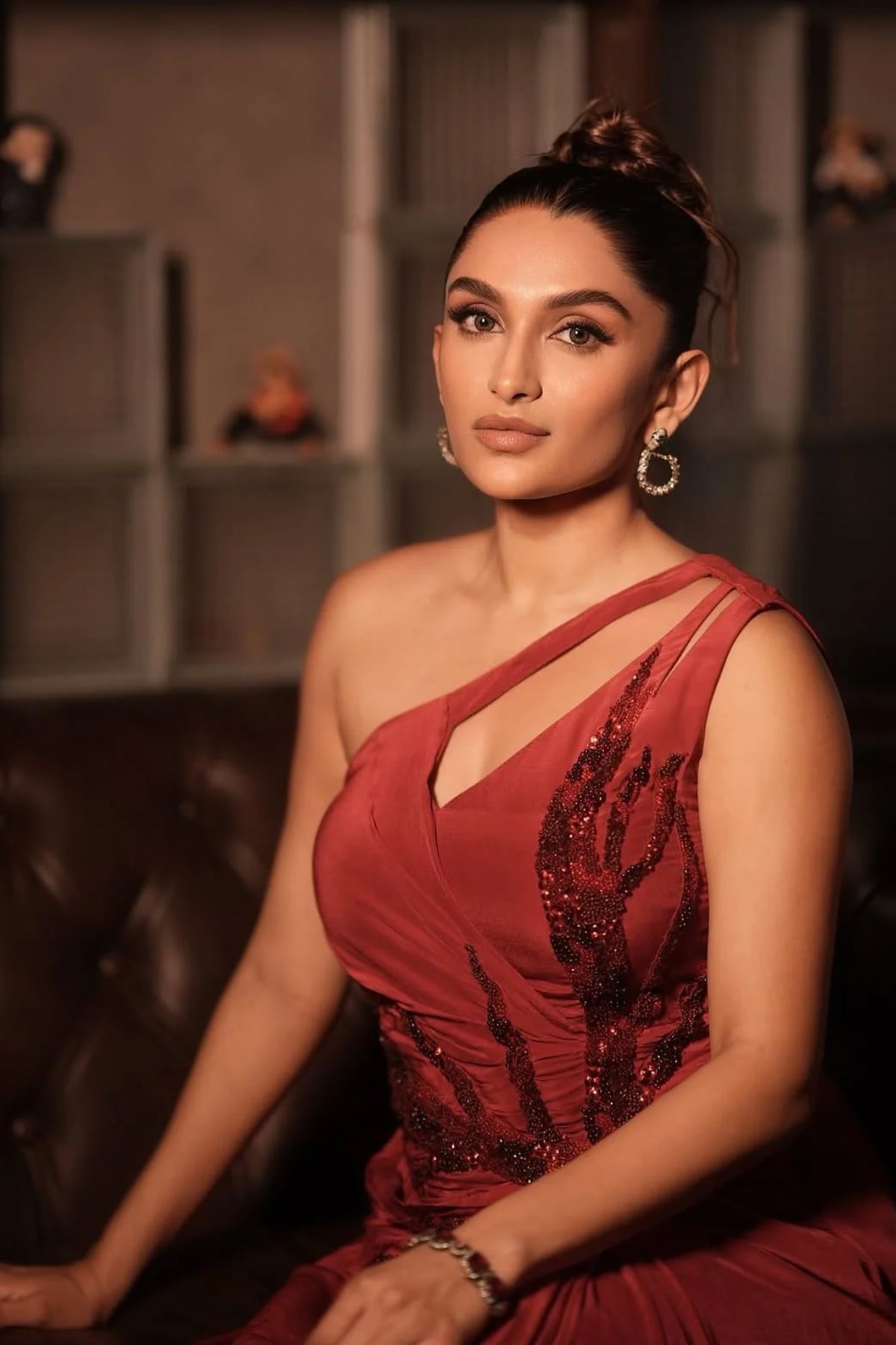 Ruby red one-shoulder draped cocktail gown abstract work. Shop Now!