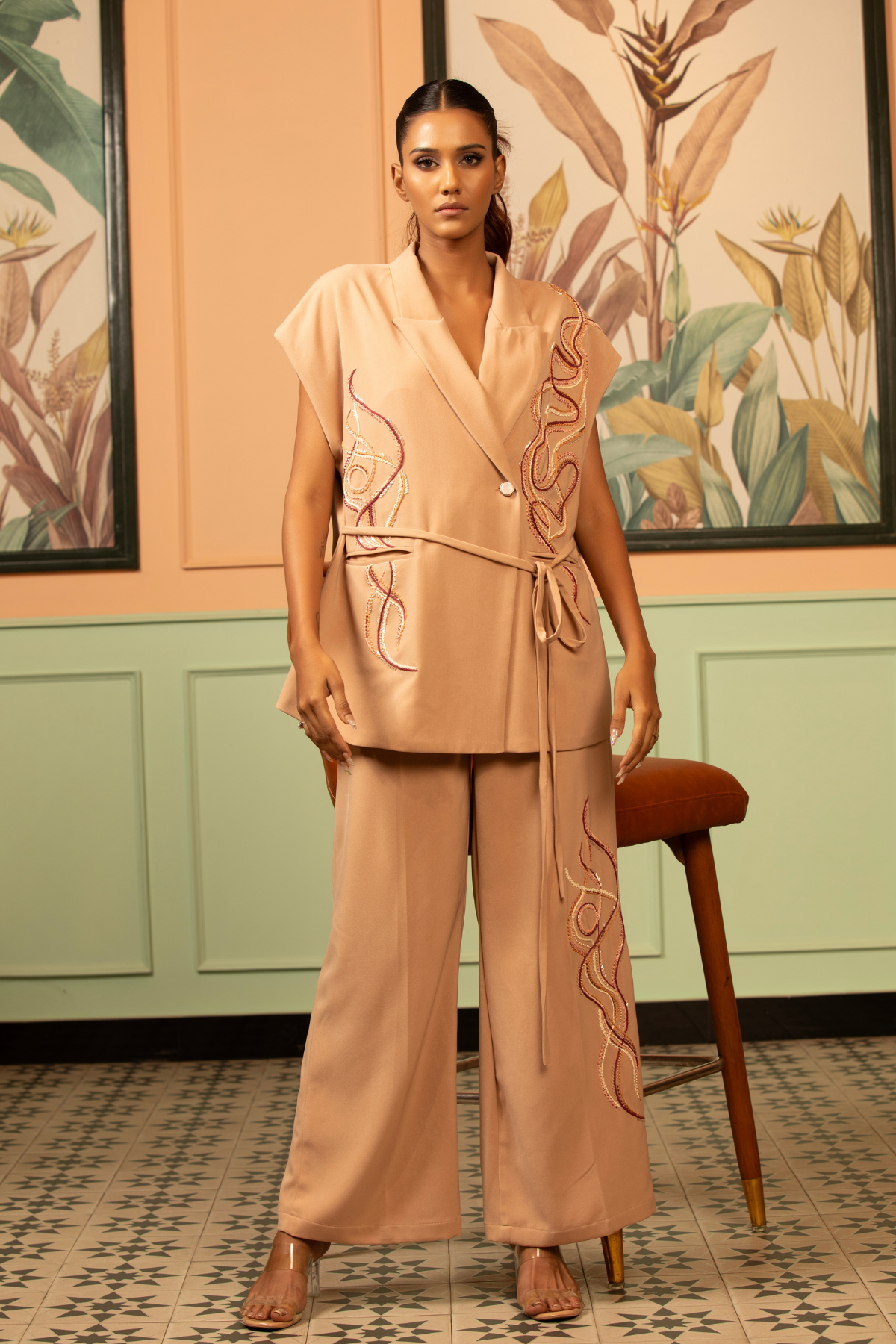 Two piece embroidered pants suits coord in elegant beige nude shade sleeveless wrap style intricate embroidery wide leg trouseres Shop Now!
