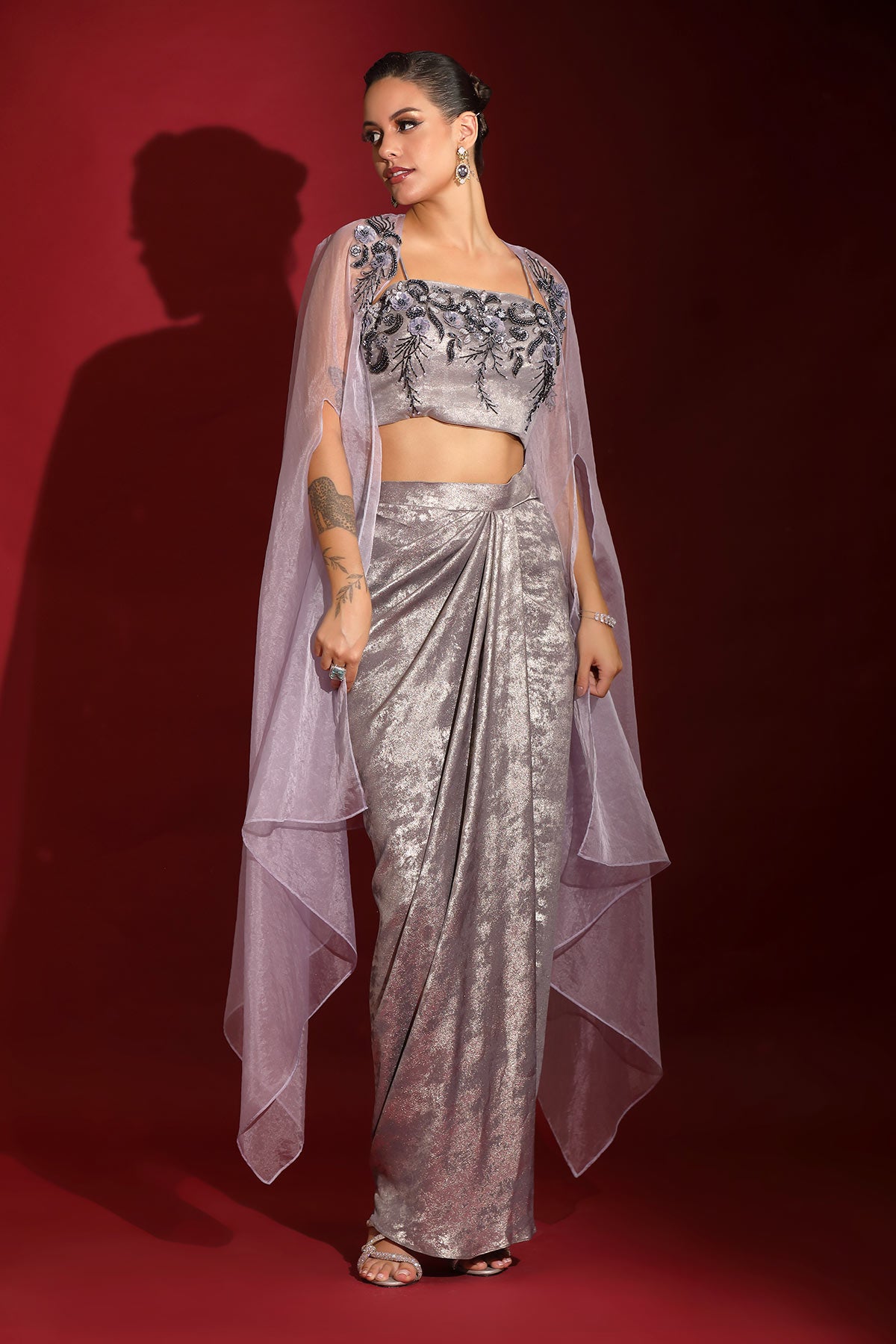 Metallic grey foil &amp; floral embroidered crop-top &nbsp;draped skirt-cape set. Shop Now!
