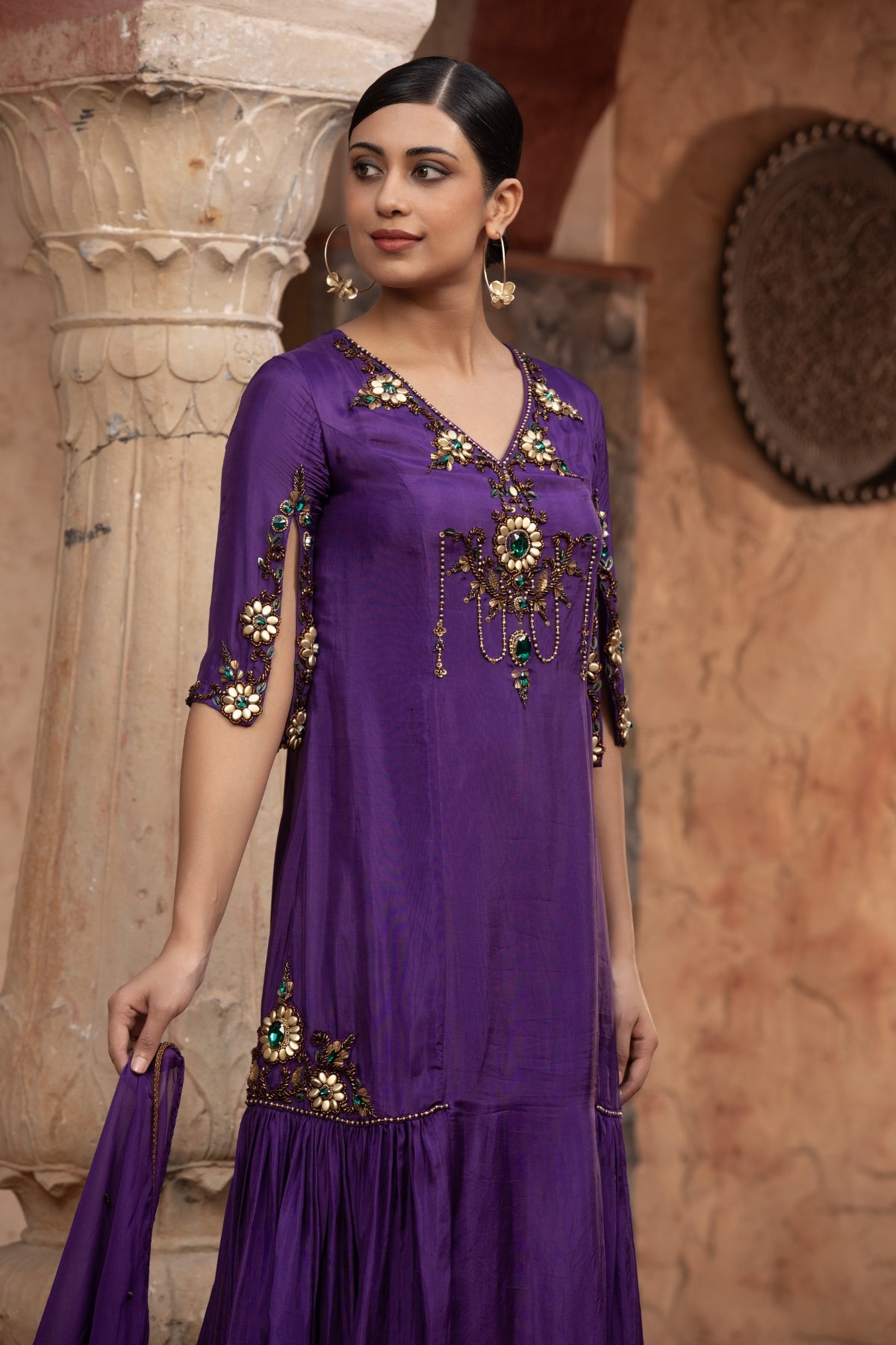 PURPLE SIDE GATHERED LONG GOWN