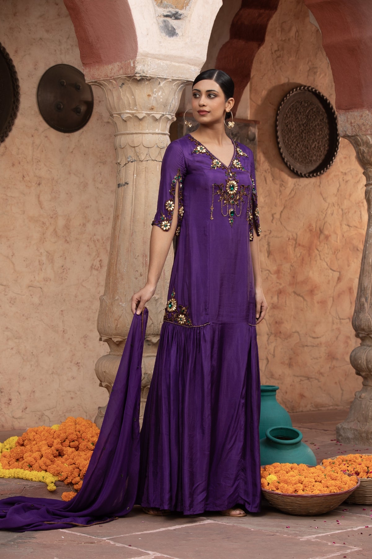 PURPLE SIDE GATHERED LONG GOWN