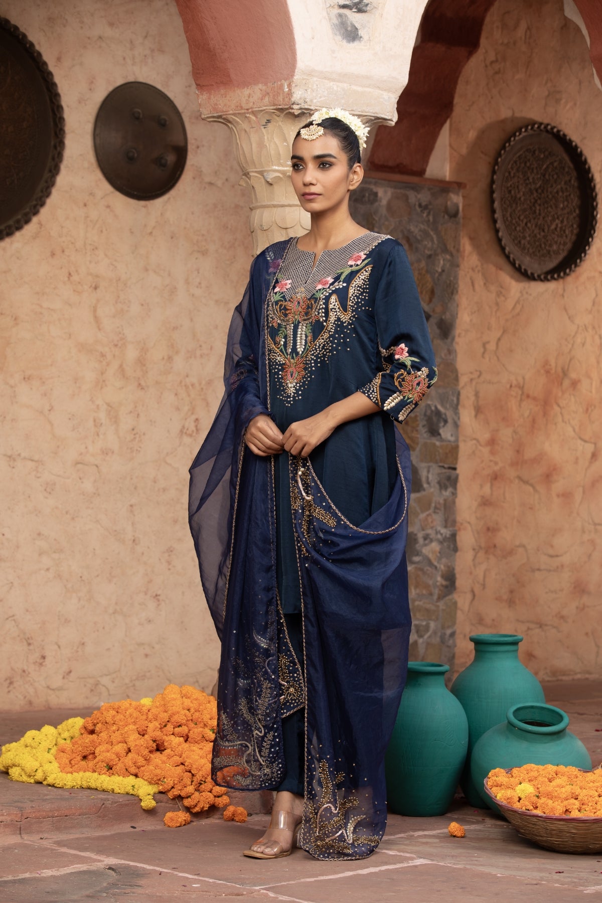 NAVY BLUE FLORAL MOTIF ANARKALI SET