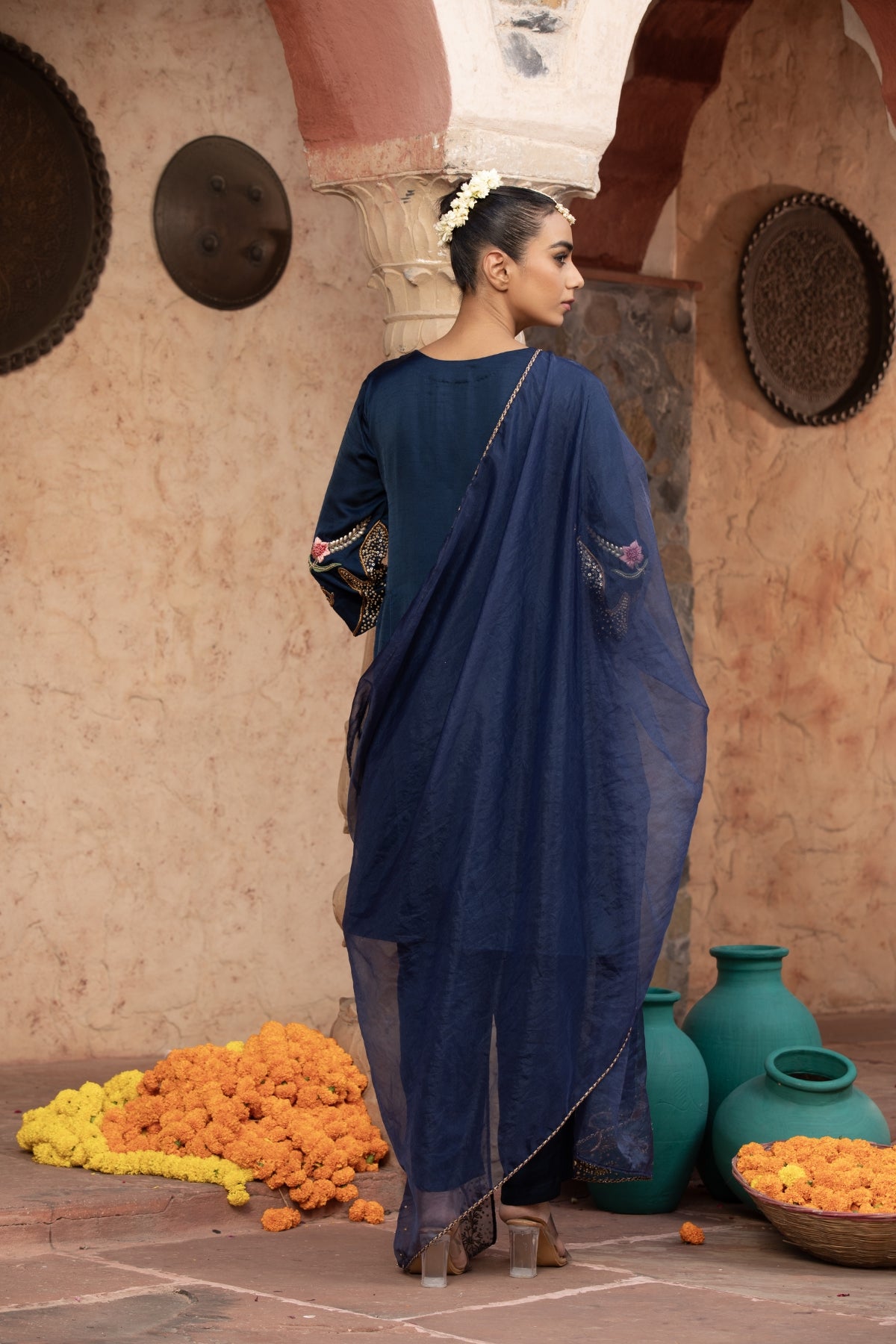 NAVY BLUE FLORAL MOTIF ANARKALI SET