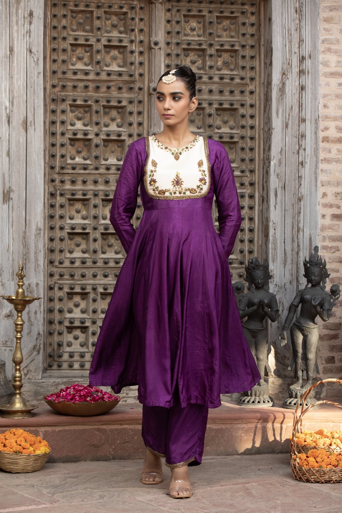 PURPLE ANARKALI SET WITH IVORY ROUND YOKE HAND-EMBELLISHED