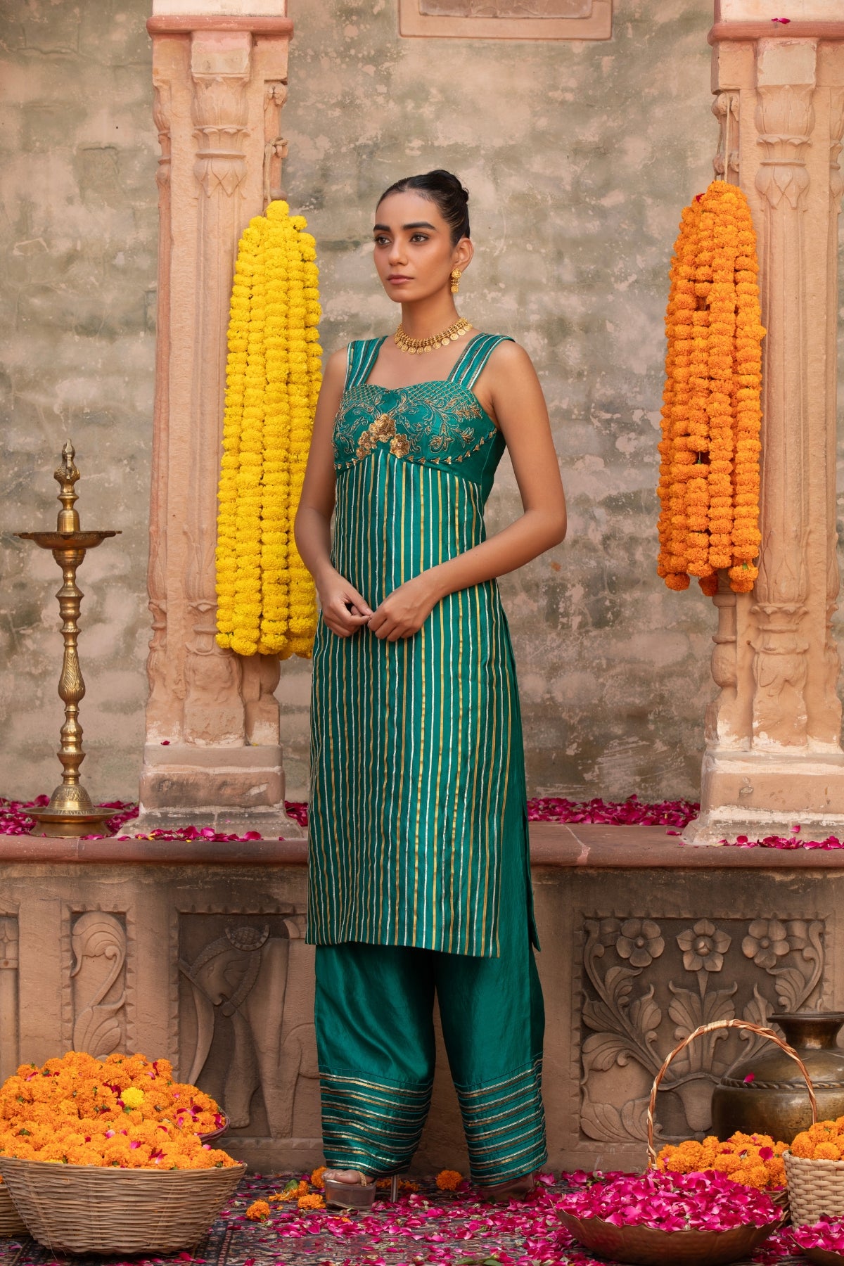 RAMA GREEN ROCOCCO CORSET KURTI & FHARSI SALWAAR