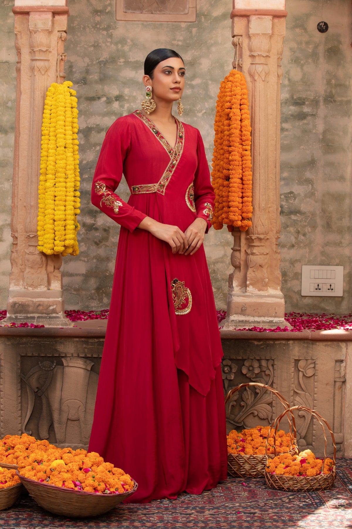 RED PAISLEY ANGRAKHA CREPE GOWN