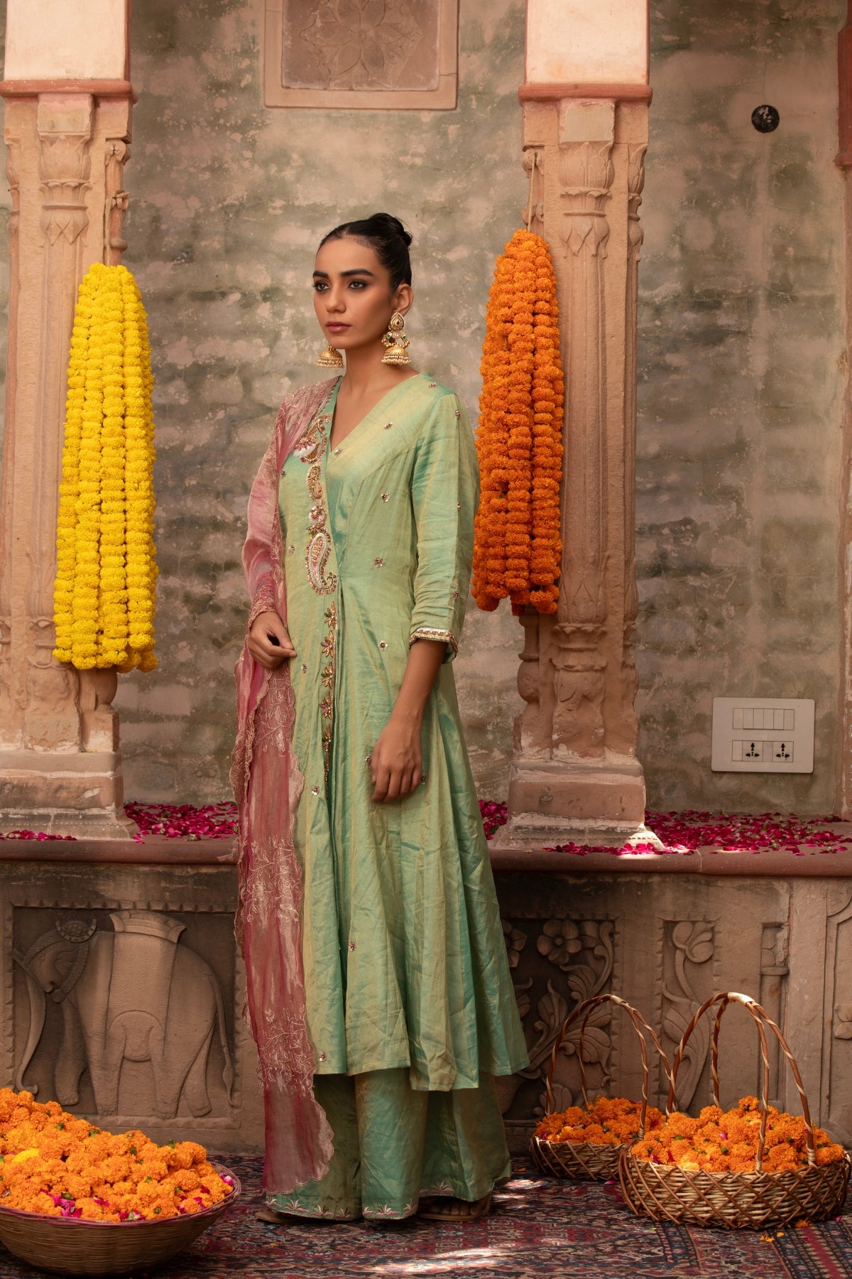 MINT GREEN TISSUE ZARI PAISLEY ANARKALI SET