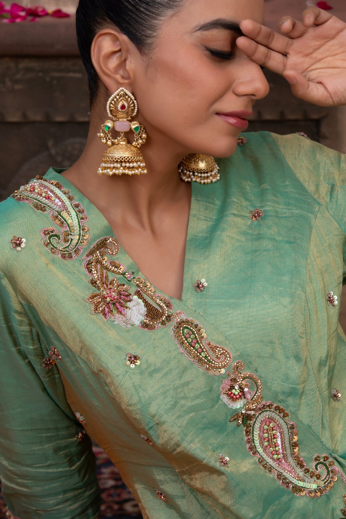 MINT GREEN TISSUE ZARI PAISLEY ANARKALI SET