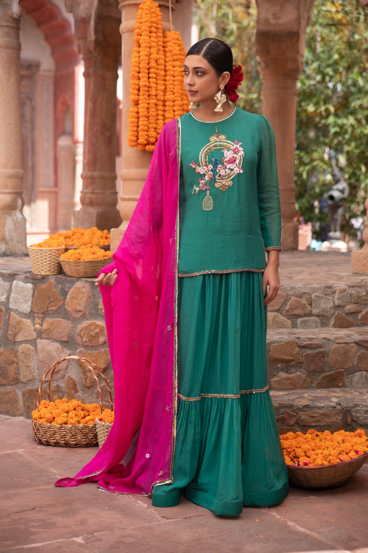 JADE GREEN ORGANZA BIRD KURTI LEHENGA