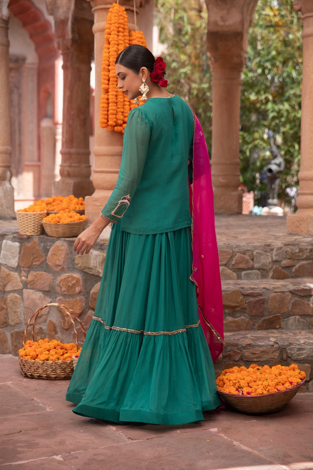 JADE GREEN ORGANZA BIRD KURTI LEHENGA