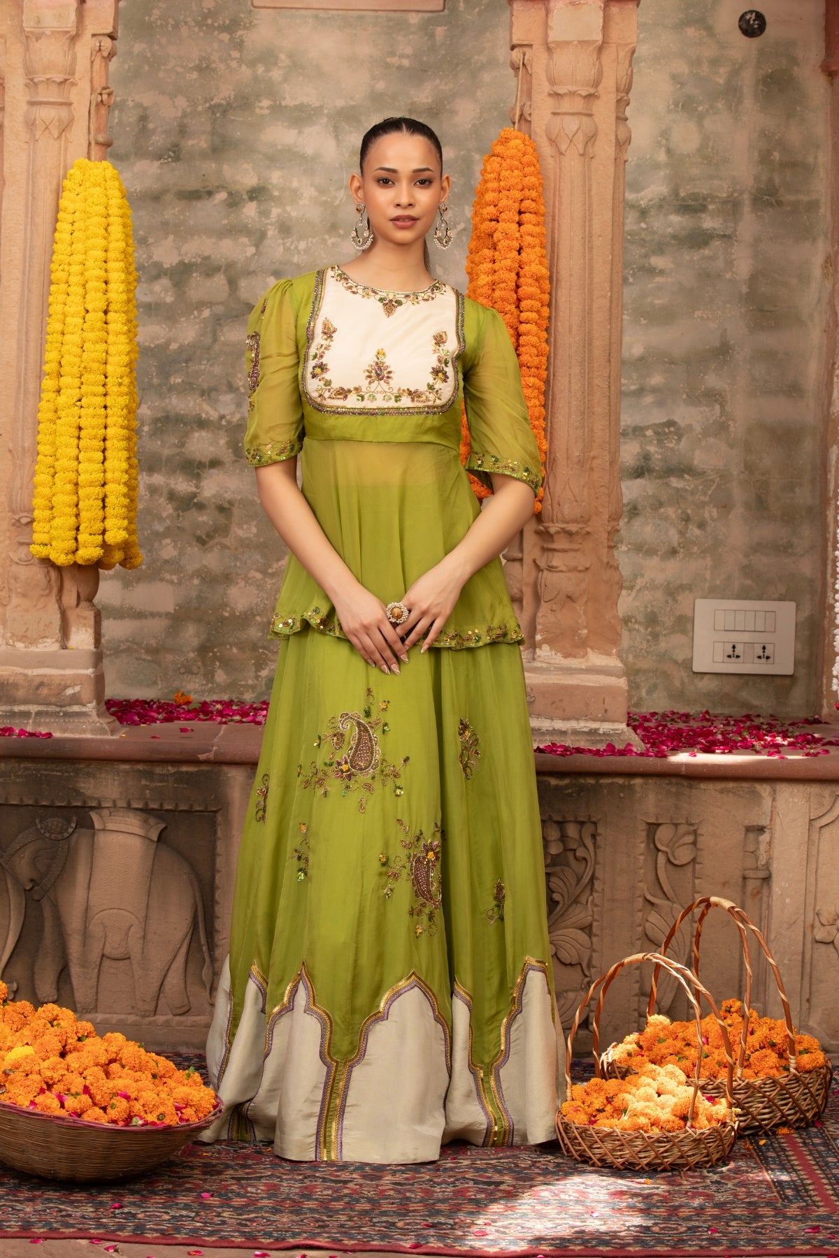 PARROT GREEN ORGANZA JHAROKA APPLIQUE PEPLUM LEHENGA