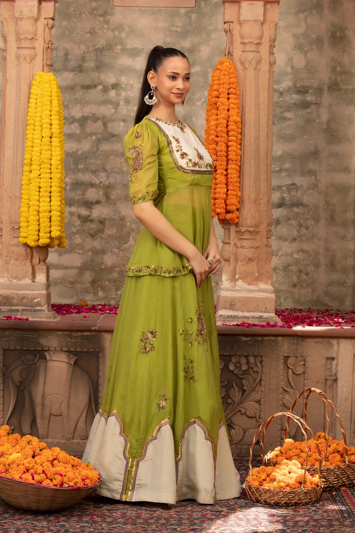 PARROT GREEN ORGANZA JHAROKA APPLIQUE PEPLUM LEHENGA