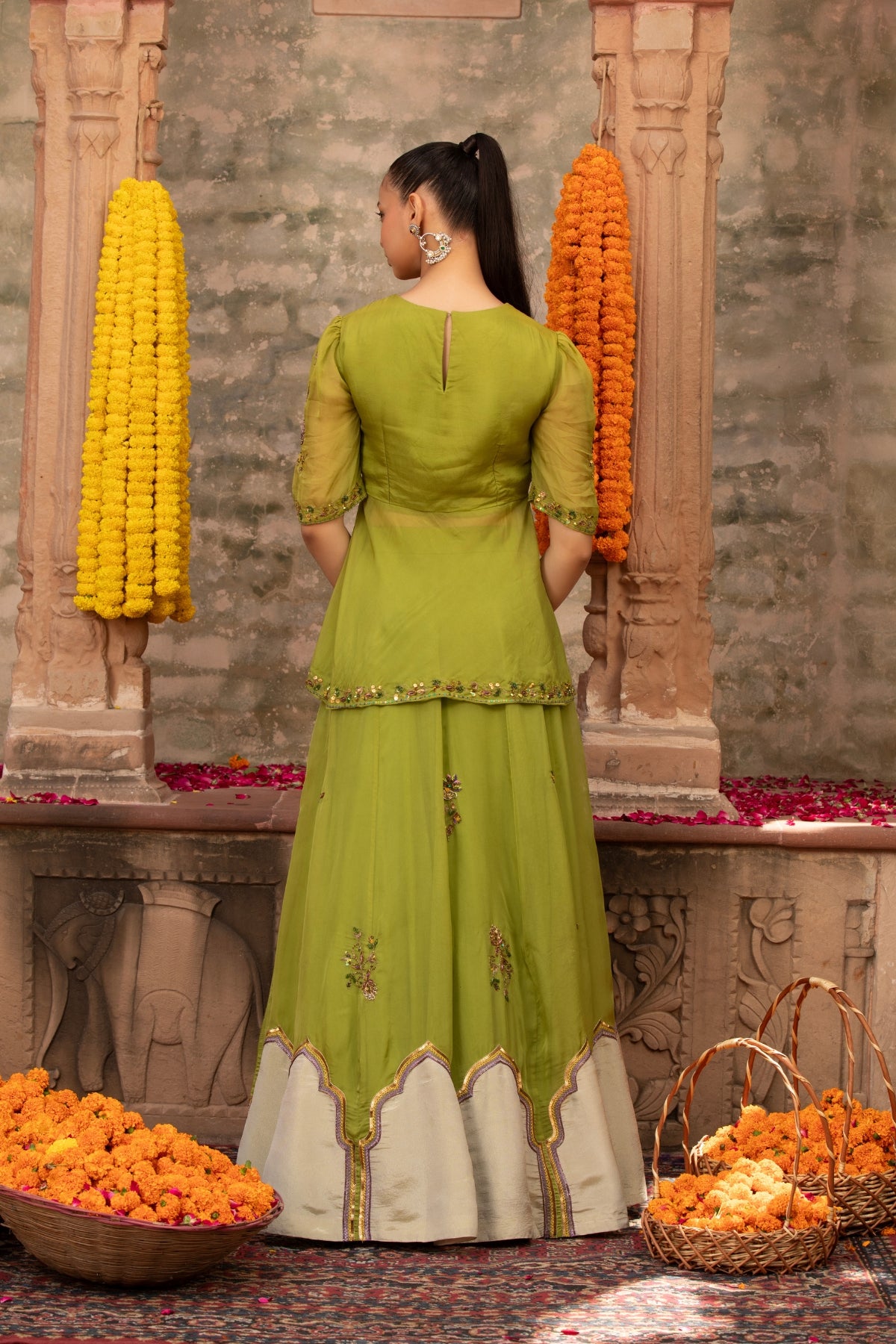 PARROT GREEN ORGANZA JHAROKA APPLIQUE PEPLUM LEHENGA