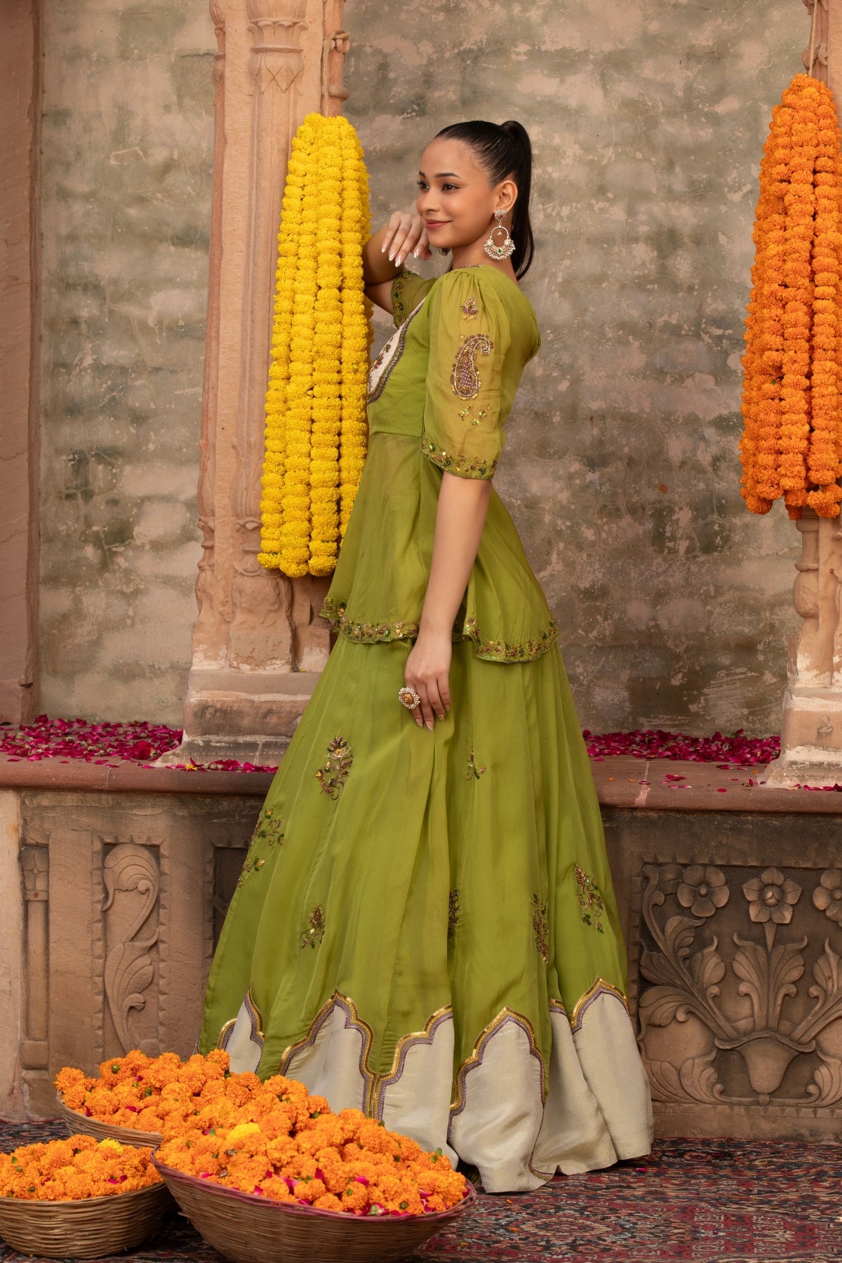 PARROT GREEN ORGANZA JHAROKA APPLIQUE PEPLUM LEHENGA