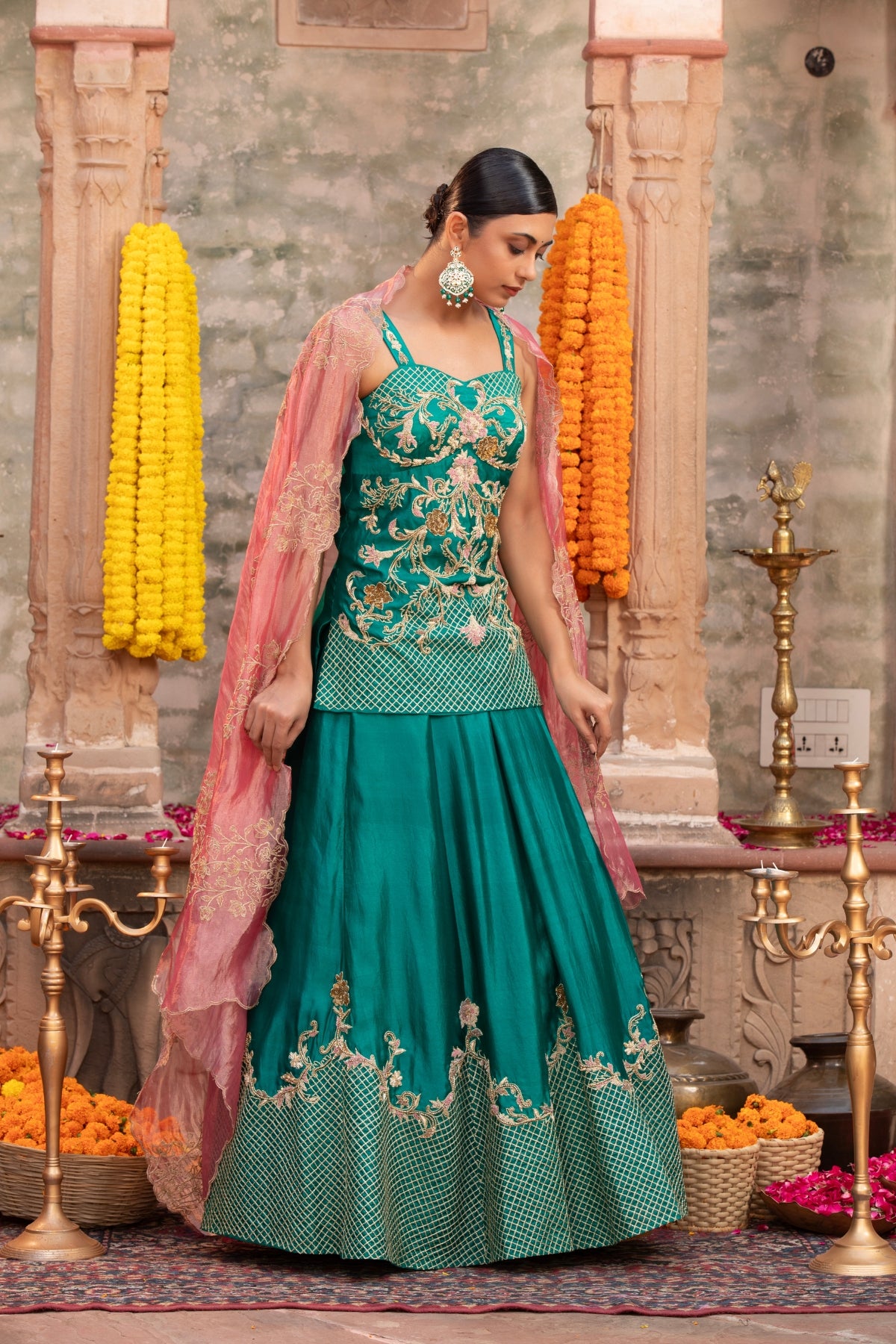 RAMA GREEN SILK CORSET PEPLUM-LEHENGA SET