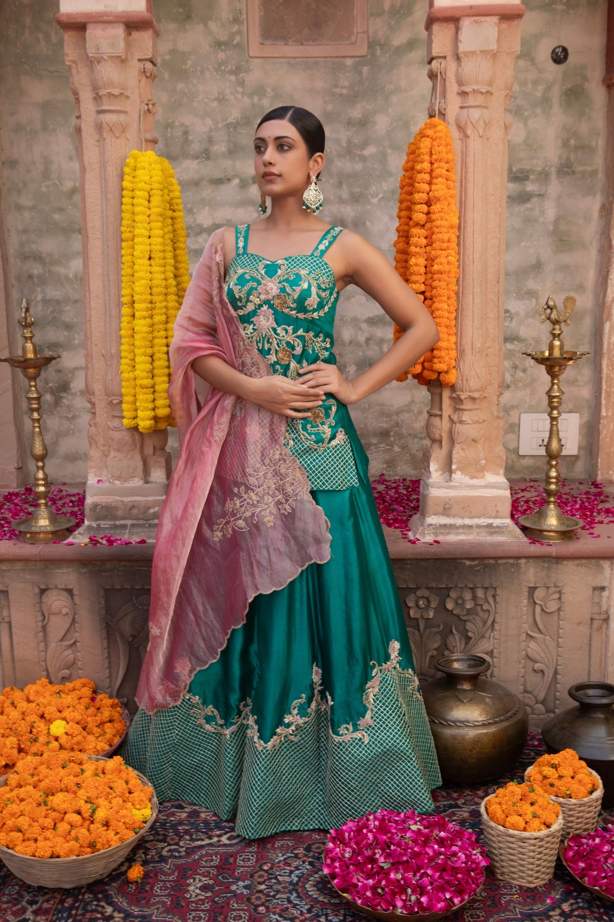 RAMA GREEN SILK CORSET PEPLUM-LEHENGA SET