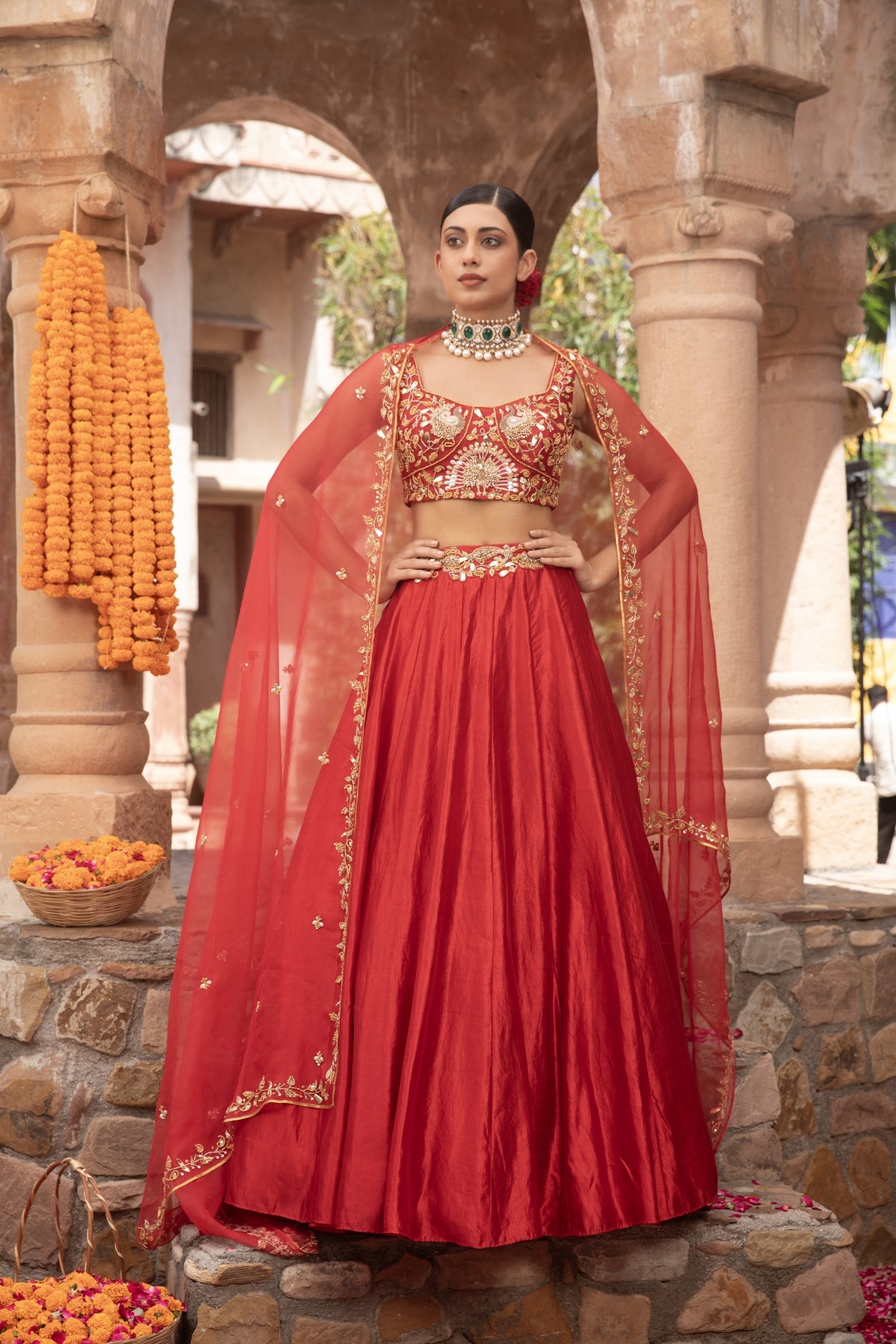 SCARLET RED PEACOCK KORA SILK LEHENGA