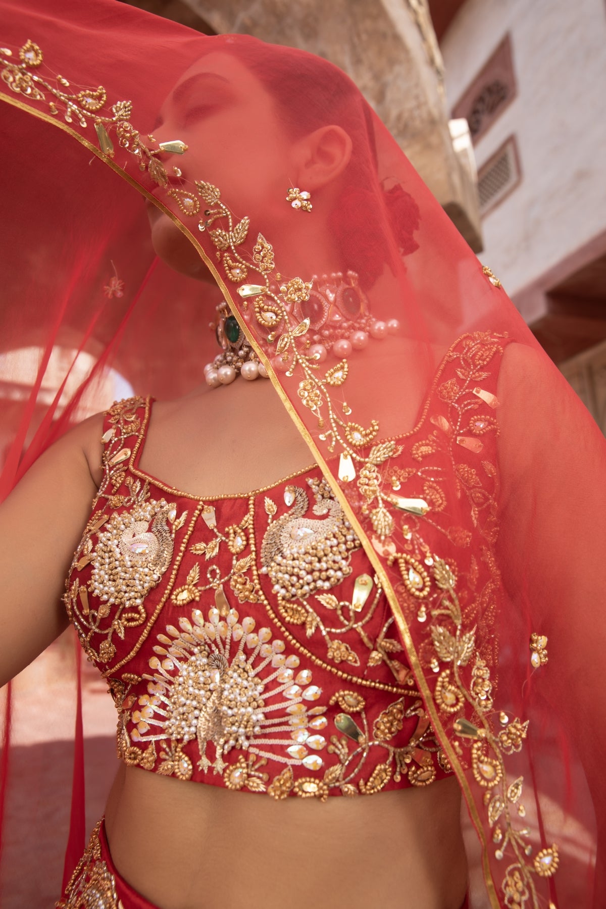 SCARLET RED PEACOCK KORA SILK LEHENGA