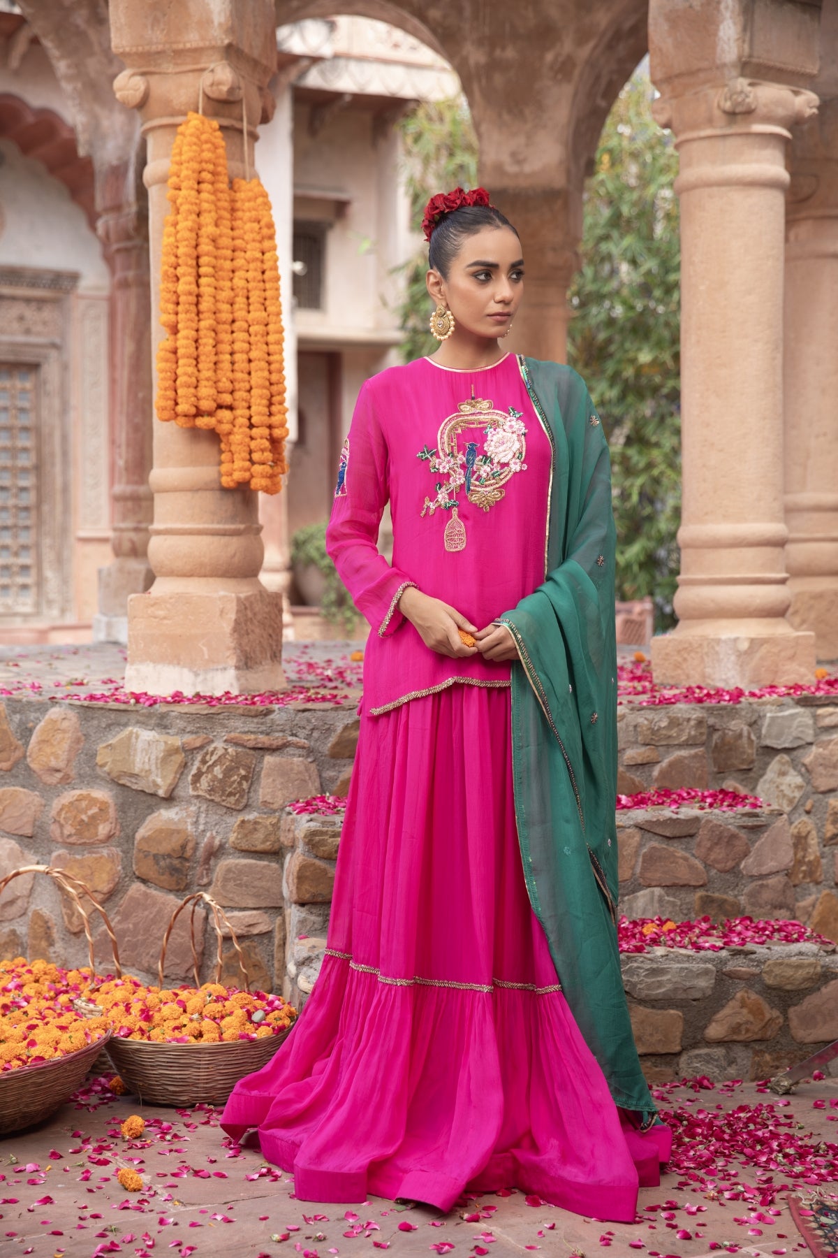 FUSCHIA ORGANZA BIRD KURTI LEHENGA