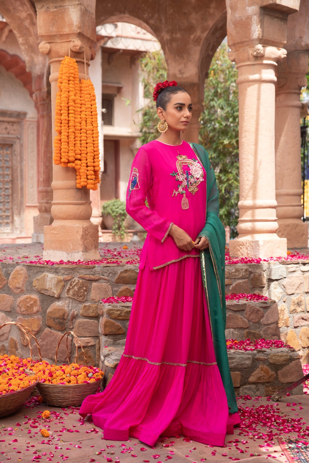 FUSCHIA ORGANZA BIRD KURTI LEHENGA
