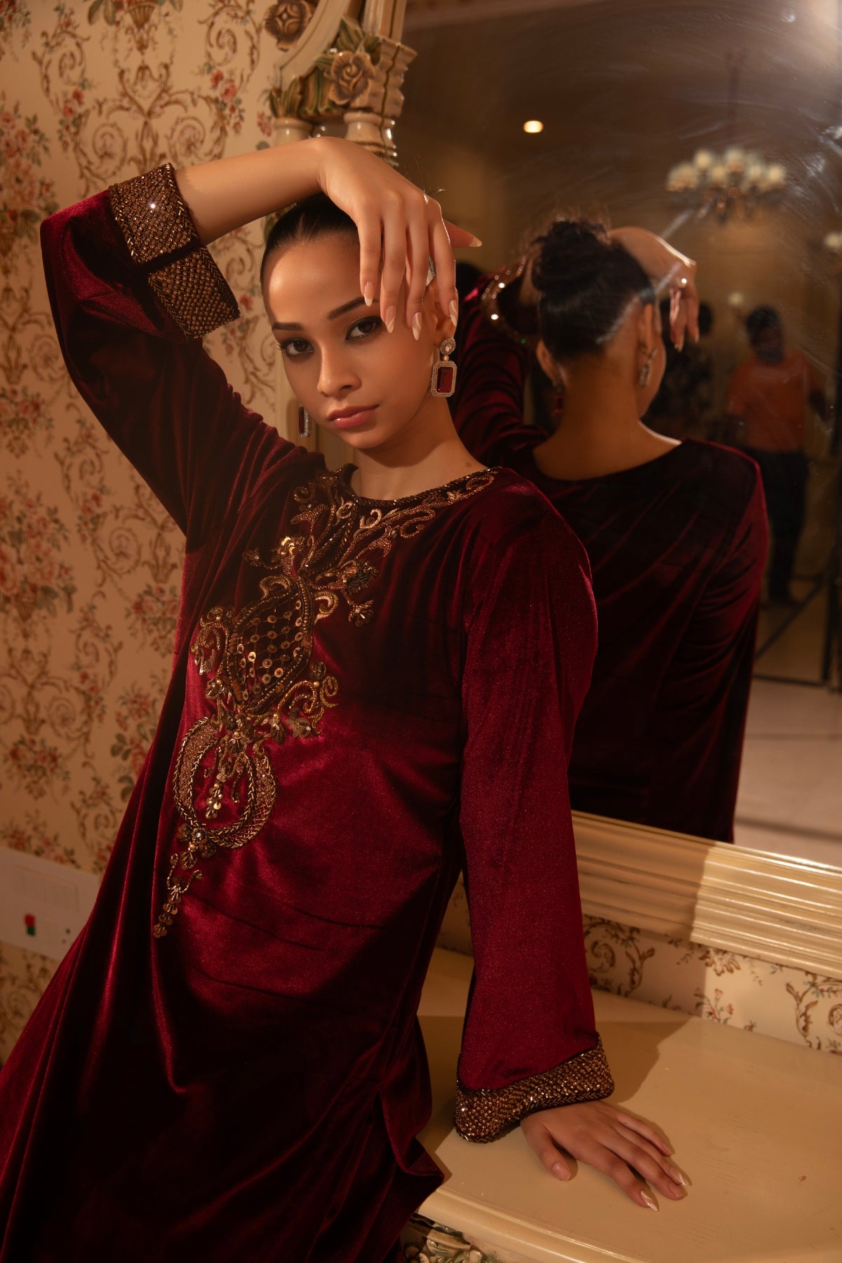 BURGUNDY BAROQUE WORK VELVET KURTI & SALWAR
