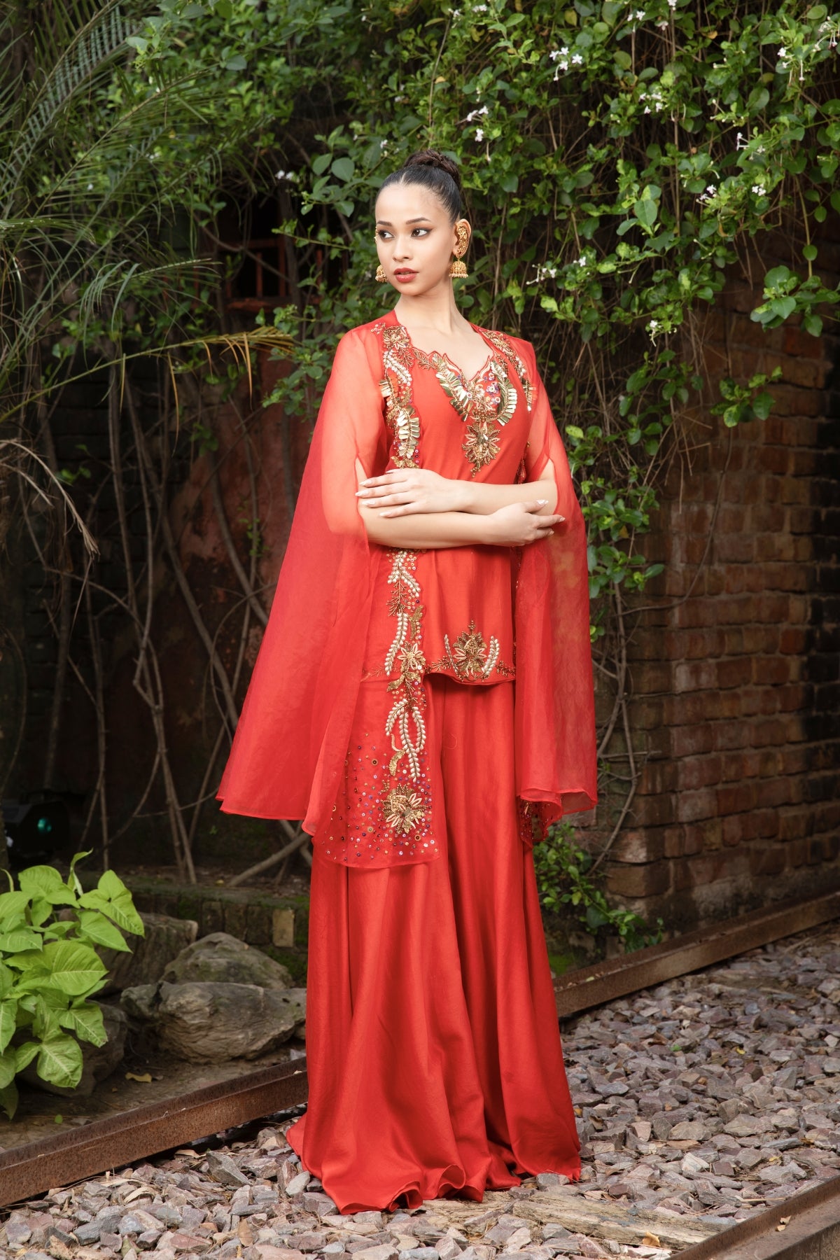VERMILION HAND-EMBELLISHED KURTI PALAZZO & CAPE