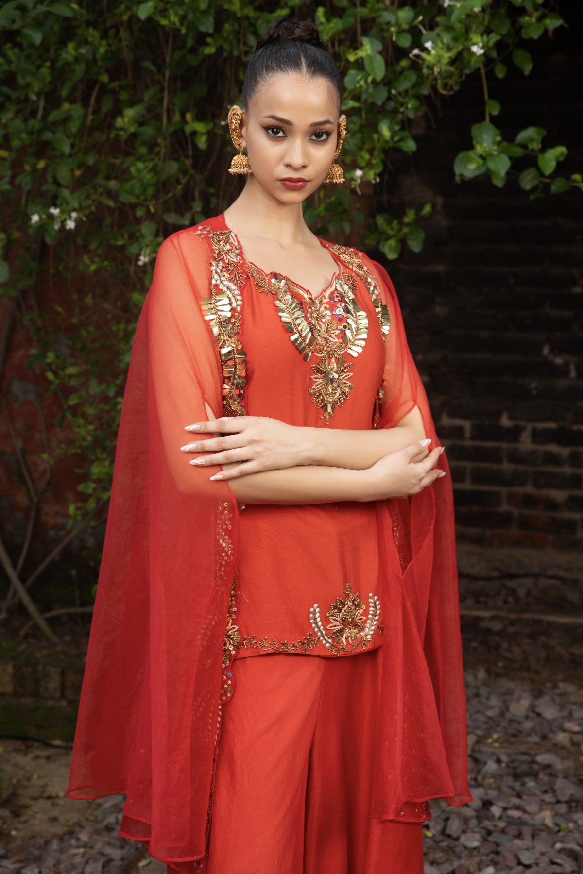 VERMILION HAND-EMBELLISHED KURTI PALAZZO & CAPE