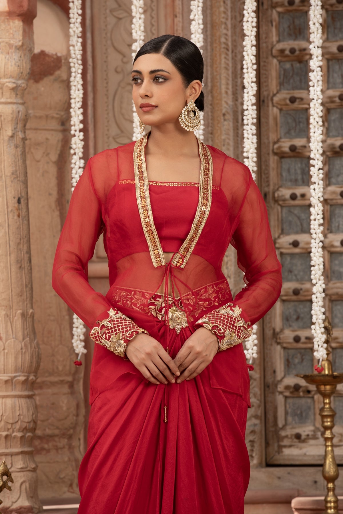 SCARLET RED ROCOCCO MOTIF JACKET-CROPTOP & DRAPE SKIRT SET